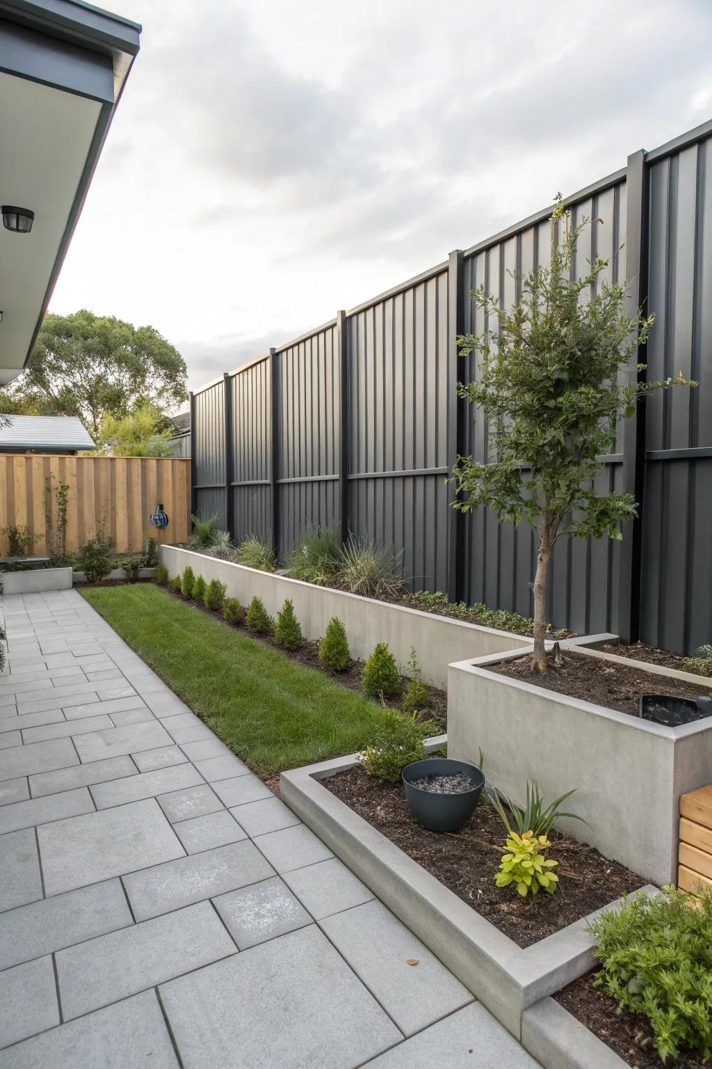 Modern metal panel fencing enhancing a minimalist garden.