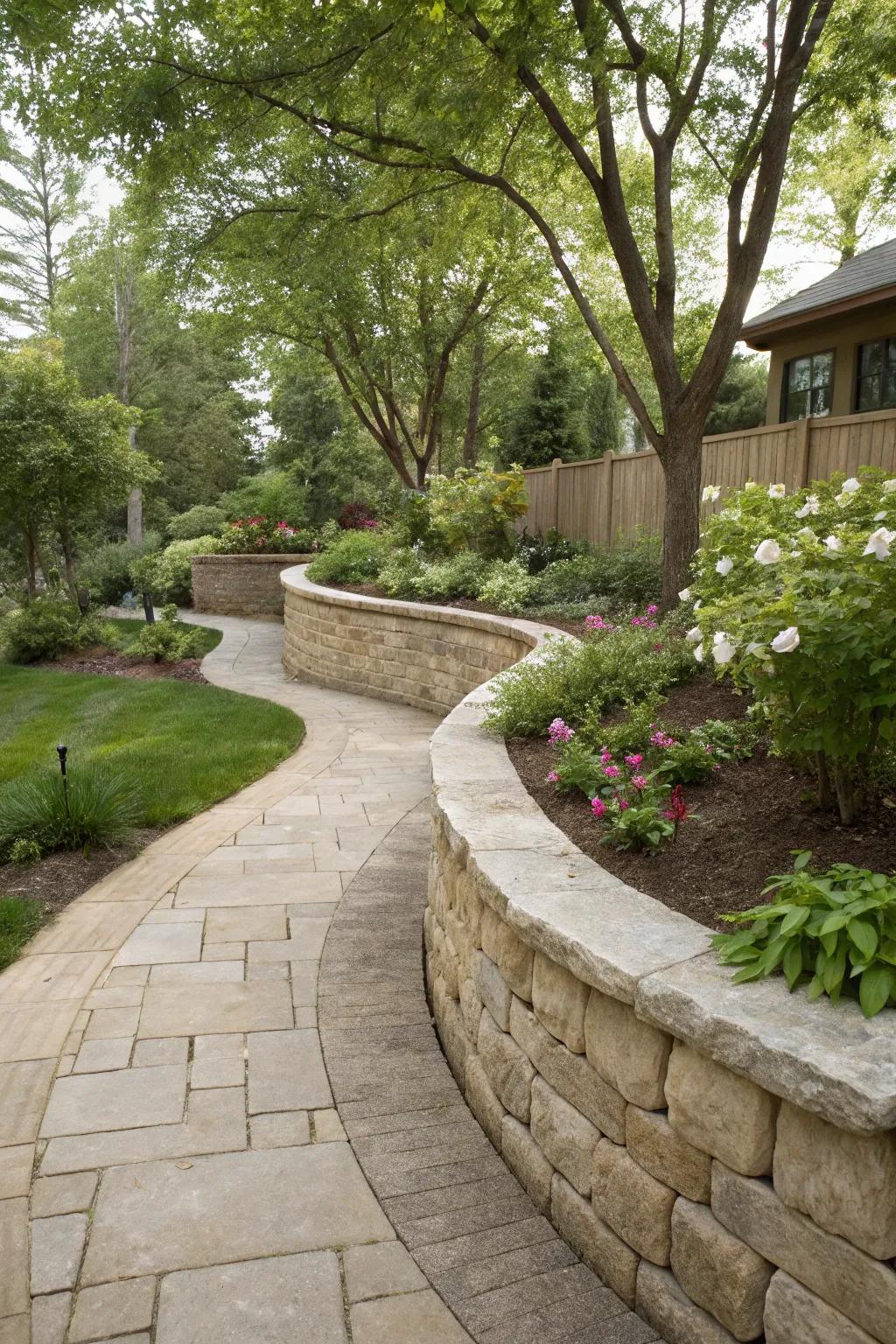 A beautifully curved retaining wall that integrates harmoniously within a garden setting.