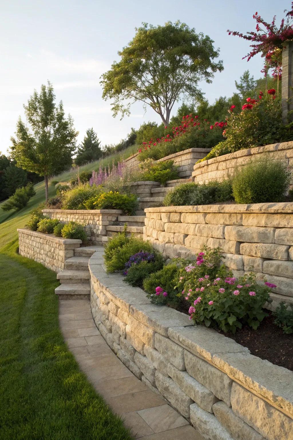 Transform your incline into a tranquil getaway with staggered retaining structures that combine artistry and the environment.