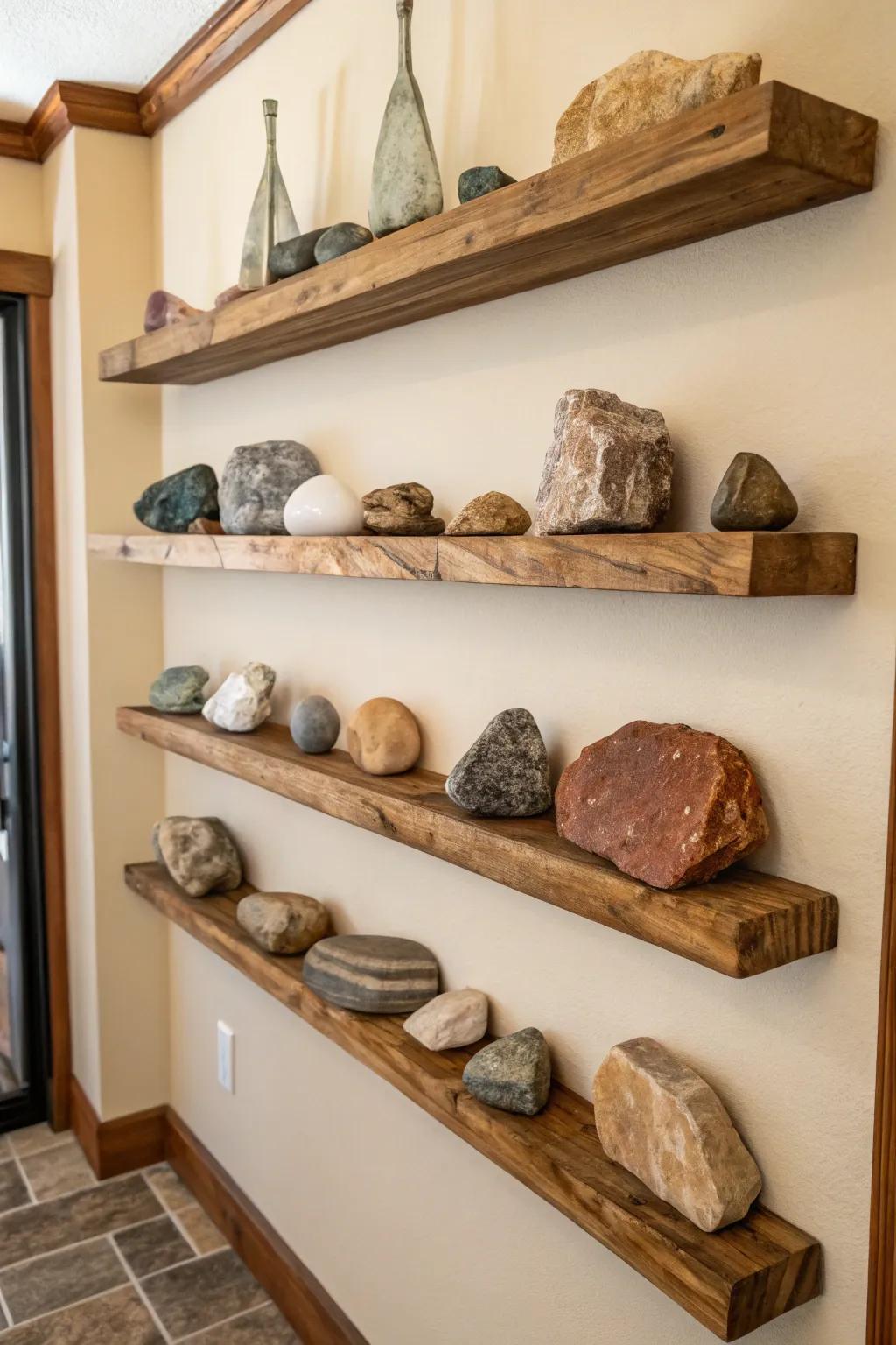 Stones showcased on wooden ledges, adding sophistication