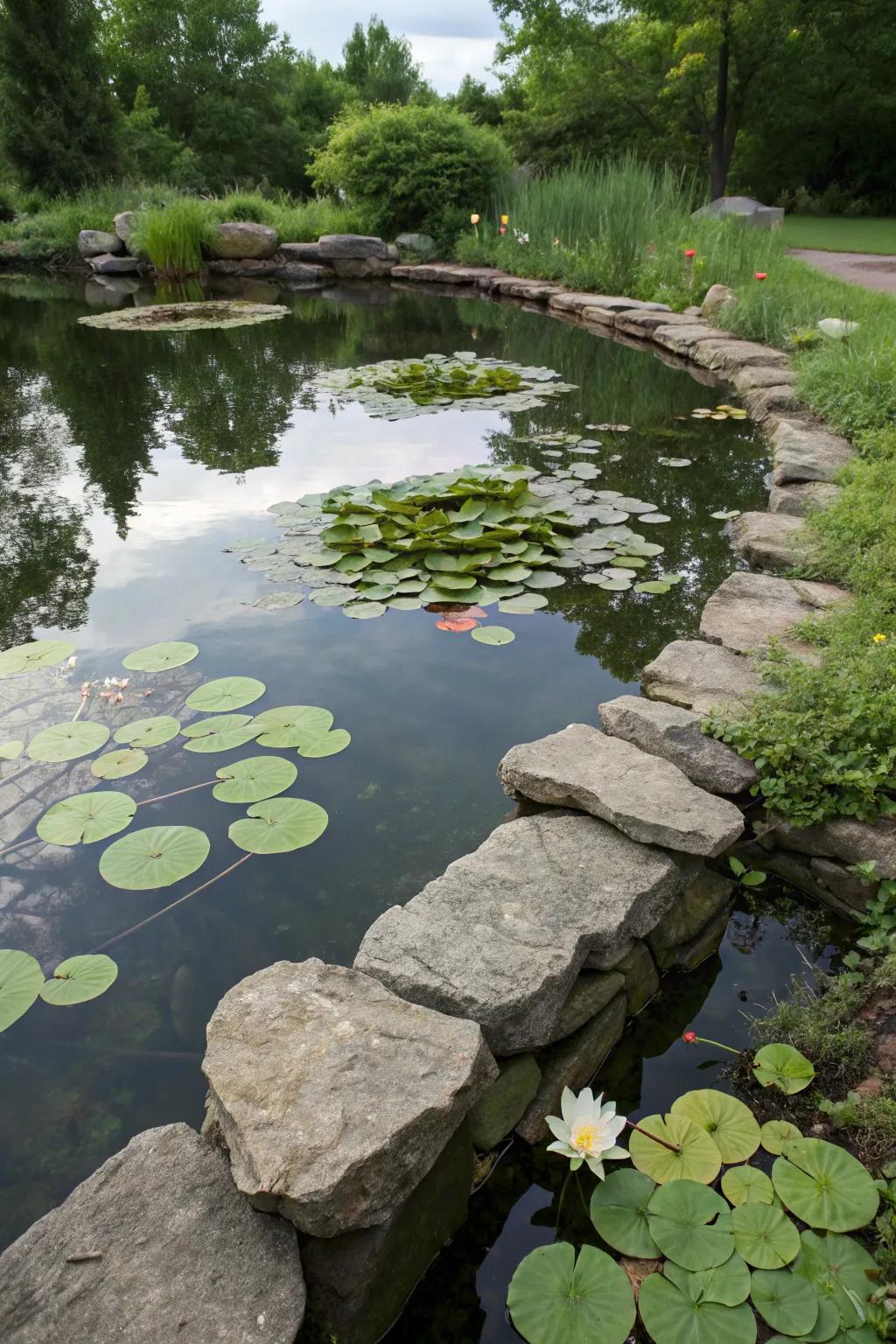 A peaceful pond bordered by rocks, adorned with gentle ripples and lily pads.