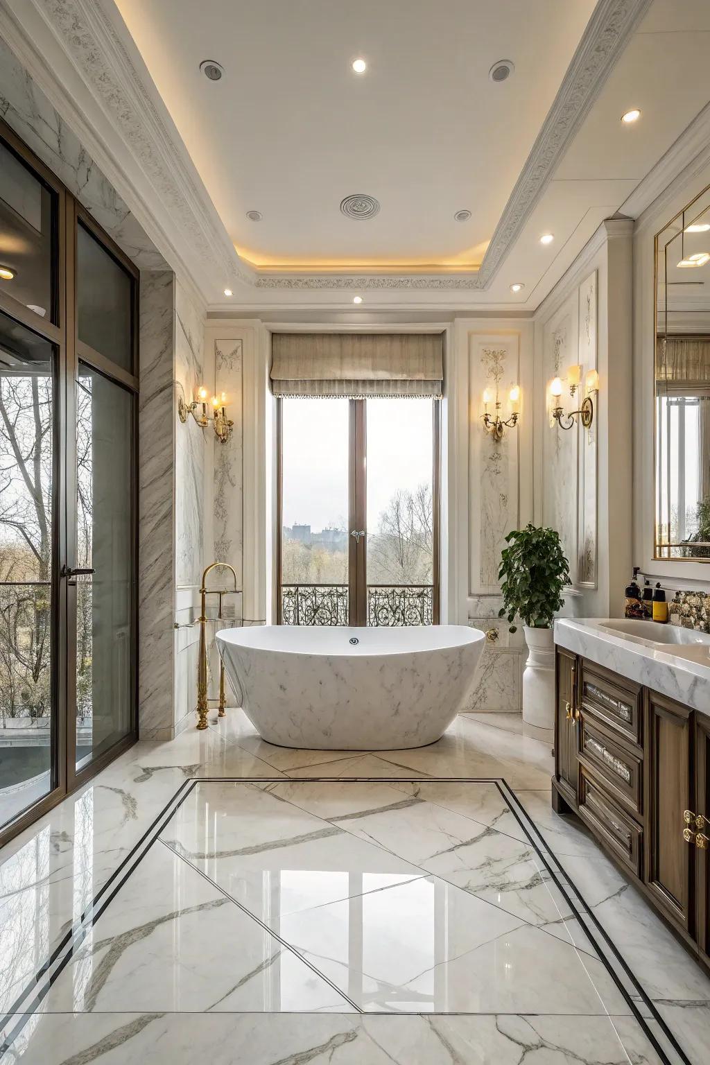 Marble imbues this Roman-style bathroom with timeless sophistication.
