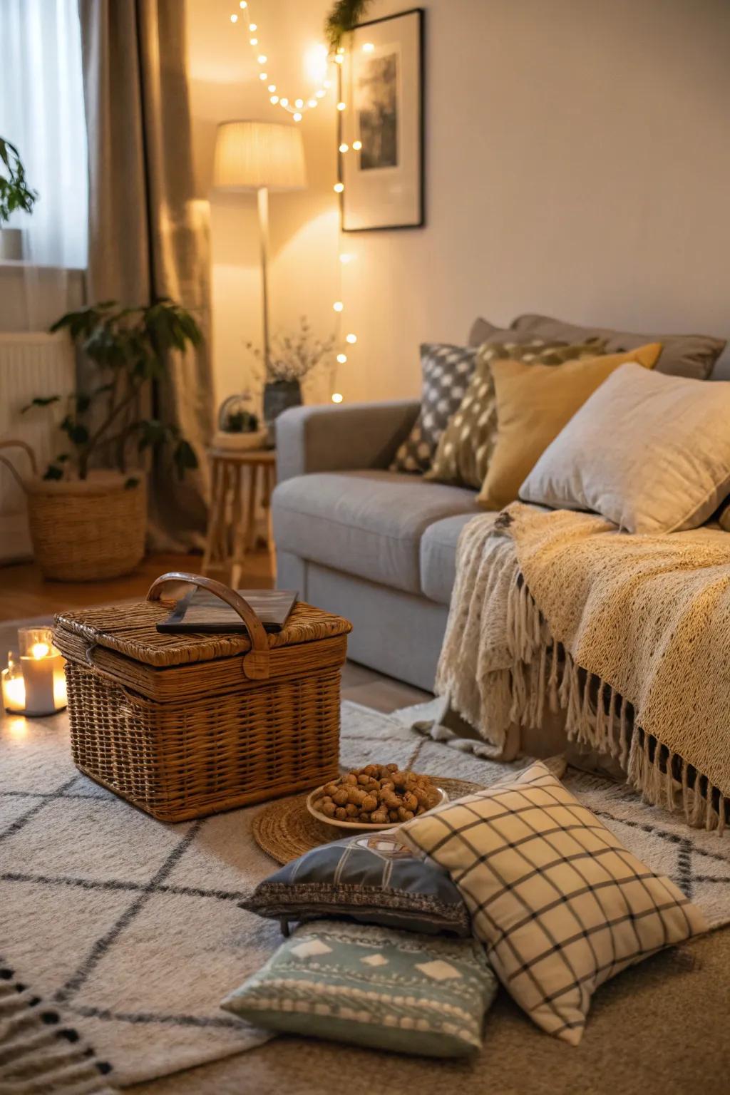 An indoor picnic provides a relaxed yet romantic atmosphere.