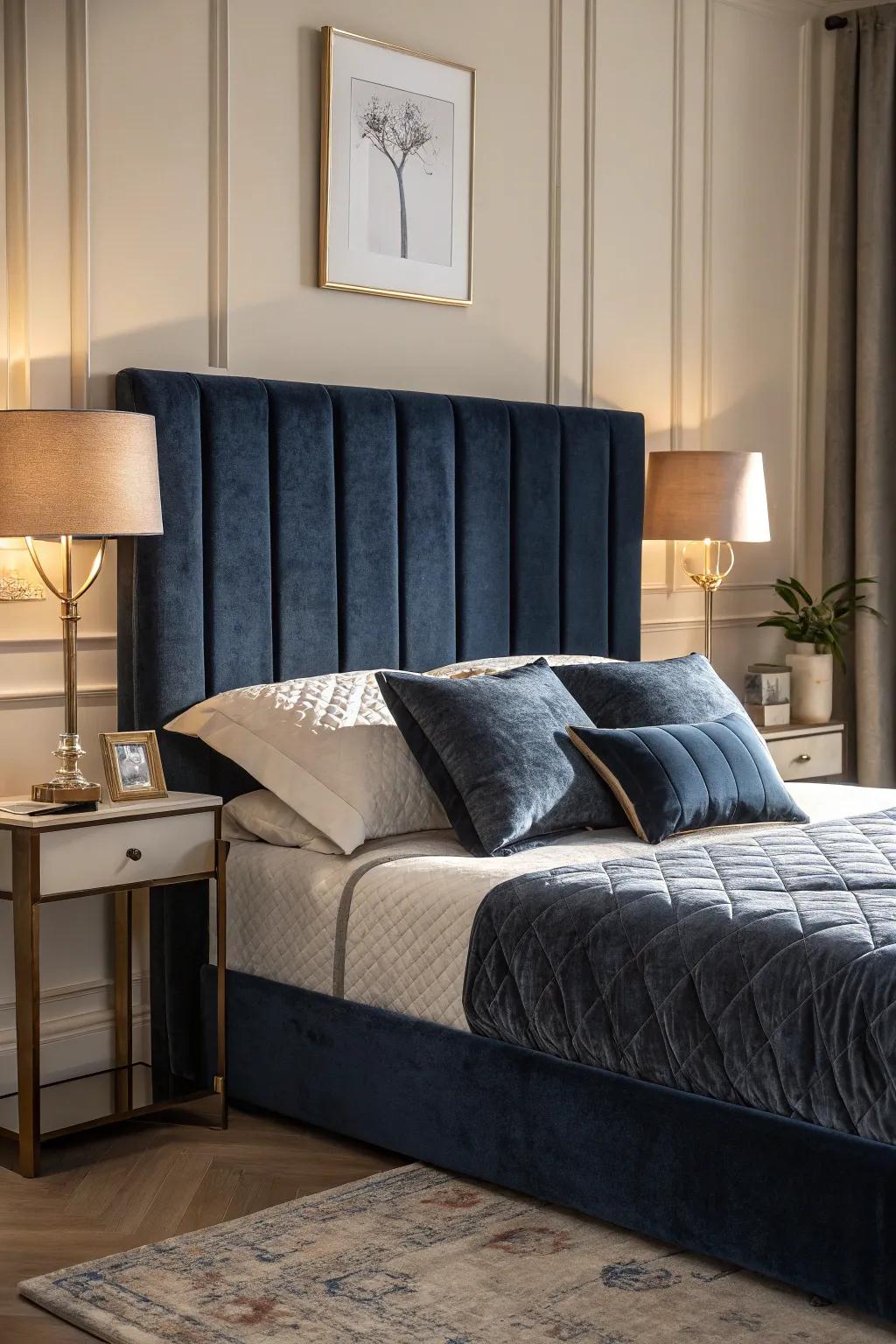 Velvet details include elegant luxury to your deep blue sleeping quarters.