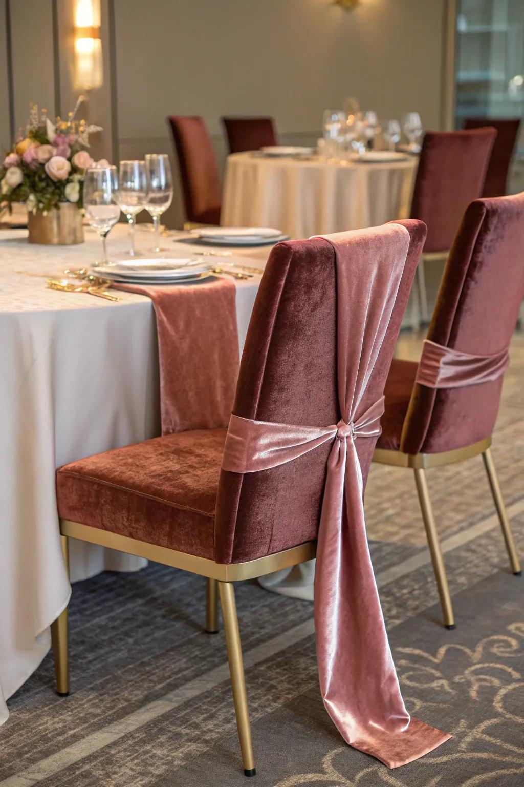 Gentle fabrics add both comfort and sophisticated charm to your romantic dining design.