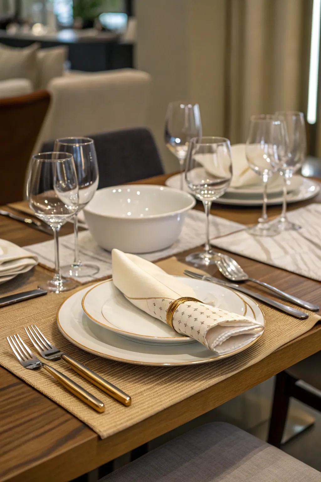 Enhance your table using sophisticated tableware and polished flatware, introducing a dash of elegance.