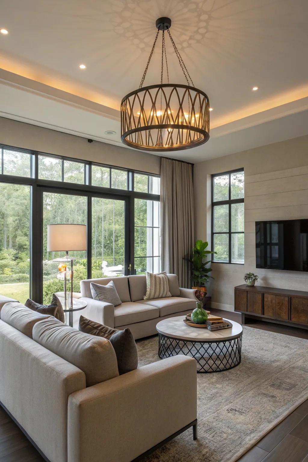 A comfortable modern living area featuring stylish lighting.