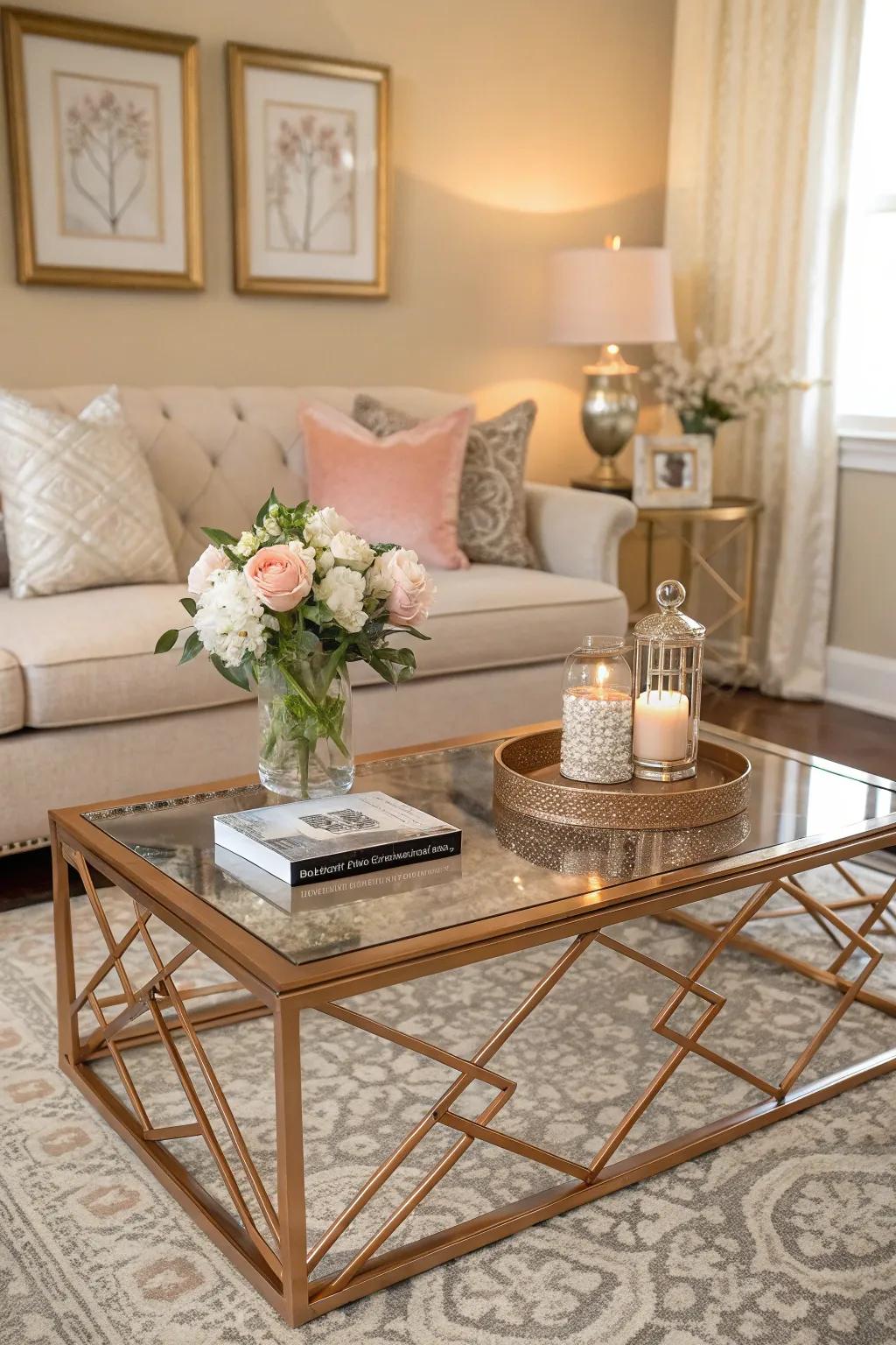 A notable sunset sheen center table brings refinement to the living space.
