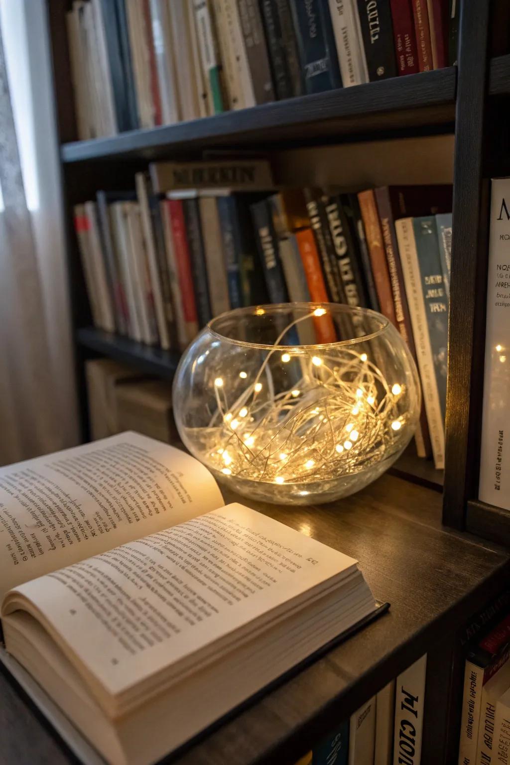 String lights nestled in a glass bowl provide a magical glow to any setting.