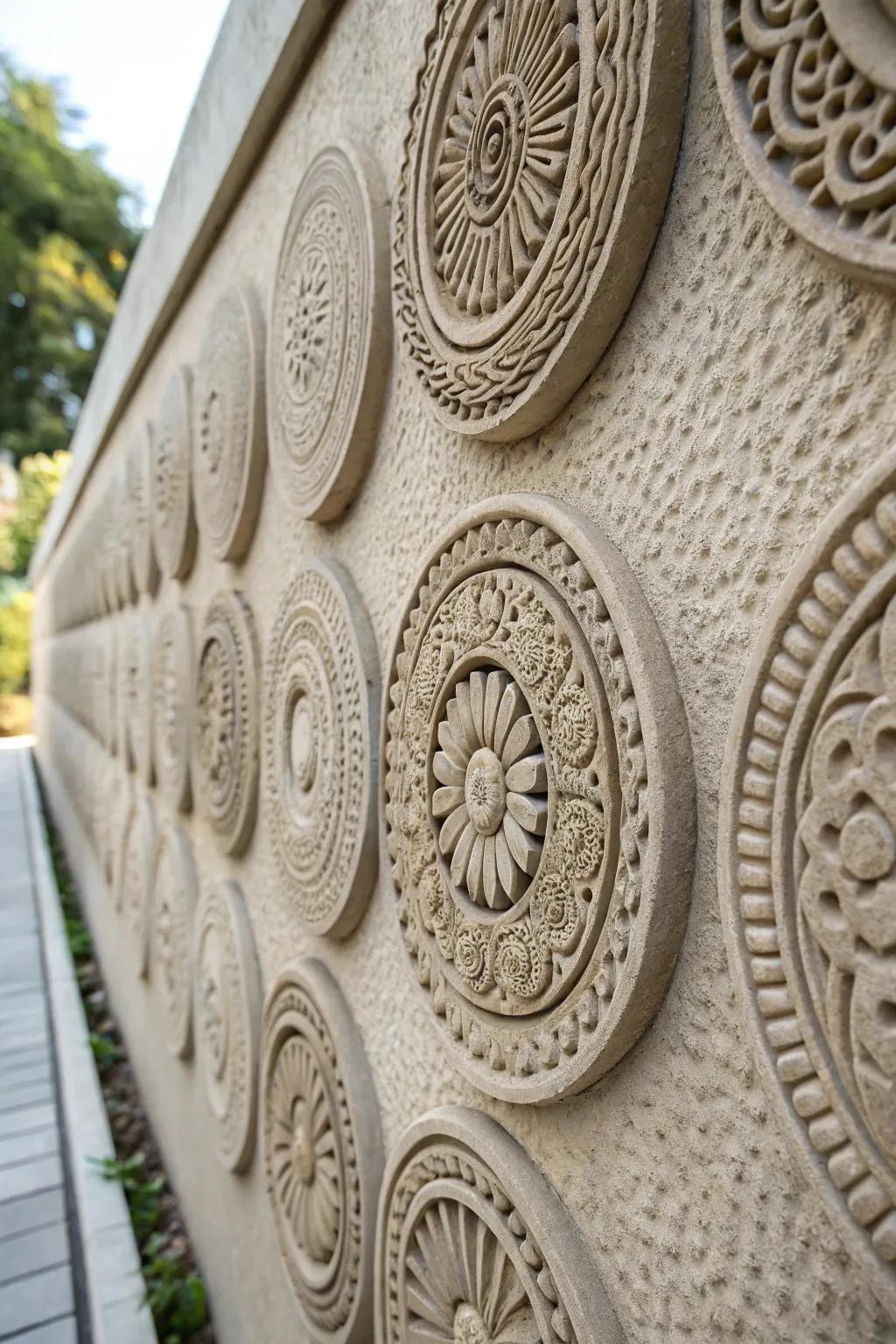 Embossed circular decor components adding depth and visual interest to a wall.