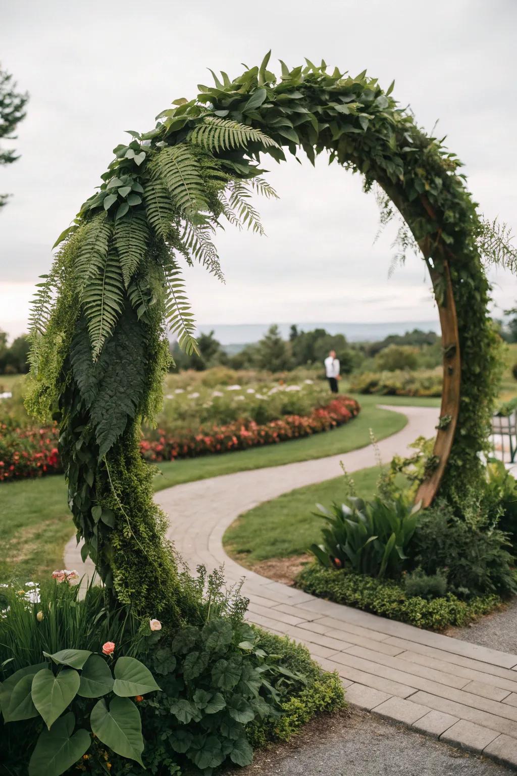 A greenery-laden round wedding arch, creating a natural atmosphere.