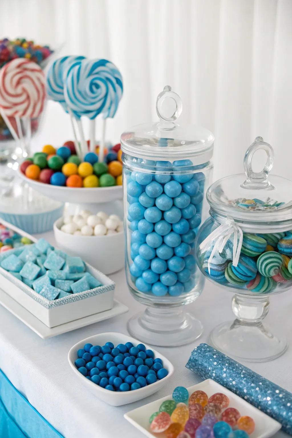 A beautiful variety of blue candies adding both color and texture.