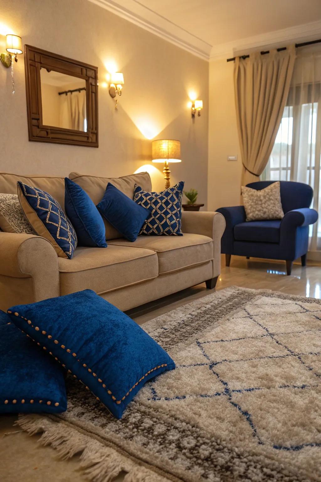 Sumptuous textiles in sapphire add warmth and style to your living room.