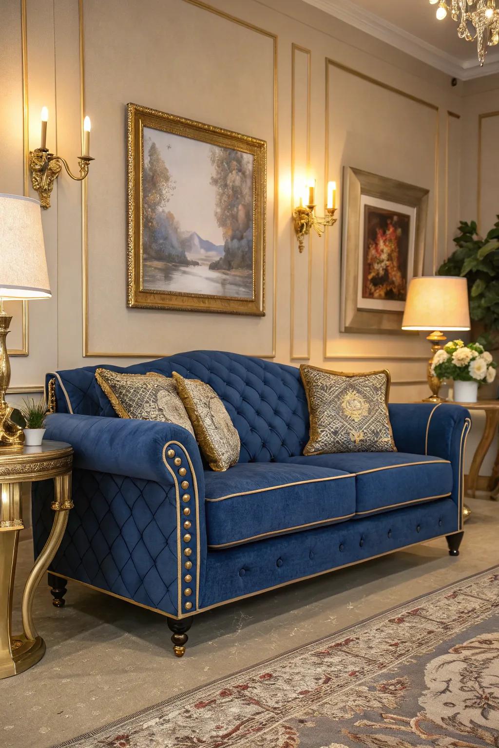 Gilded details introduce a touch of elegance to the sapphire-colored couch, amplifying the room's sophistication.