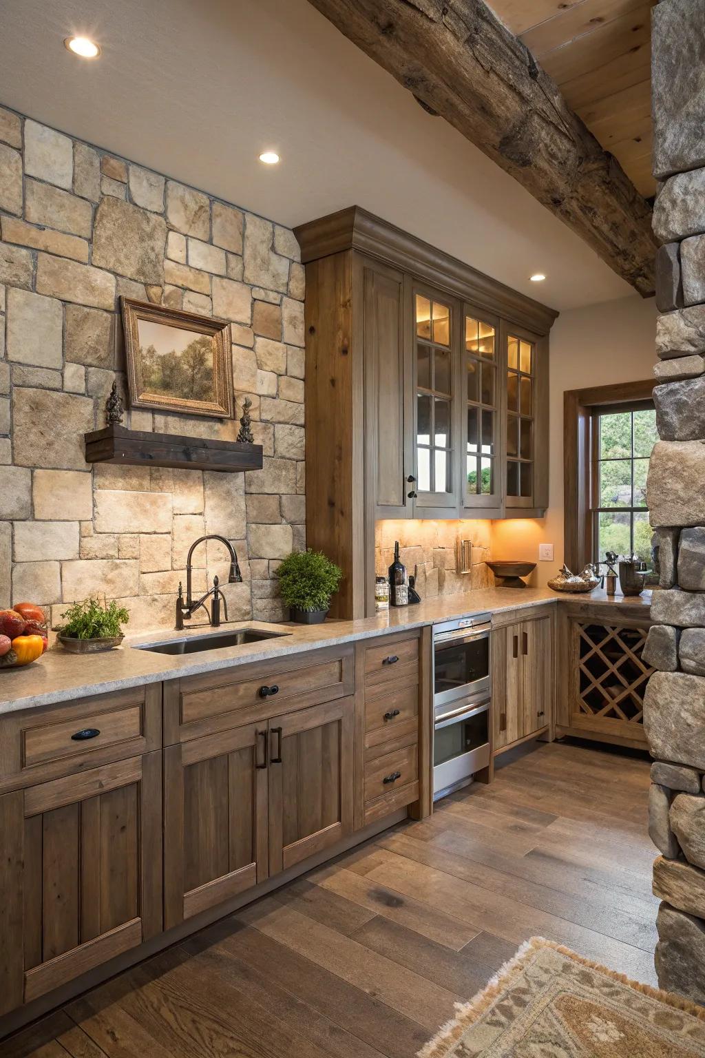 Natural stone slabs lend an authentic rustic element.