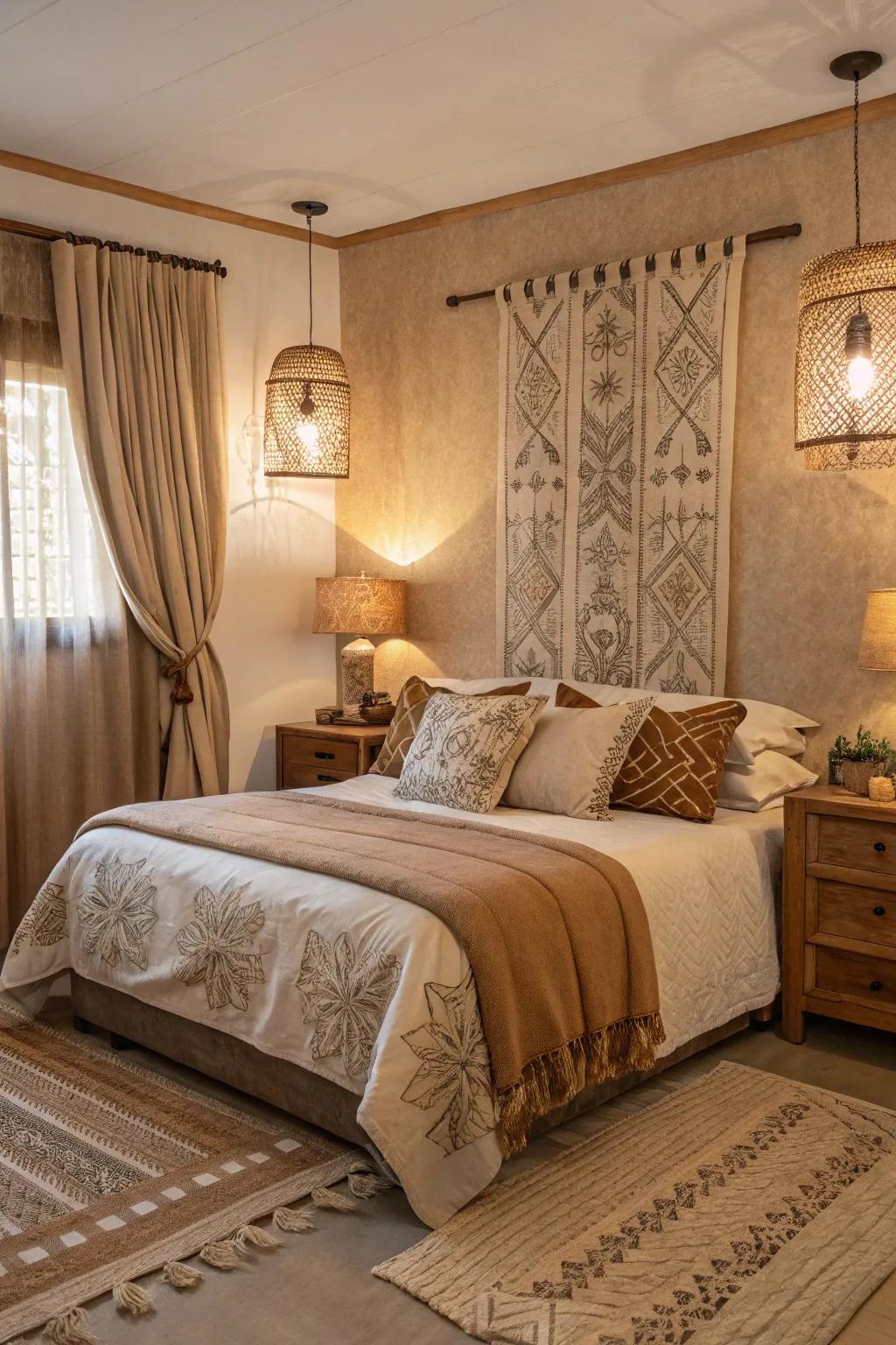Earthy tones contribute to a calming atmosphere in this rustic bedroom.