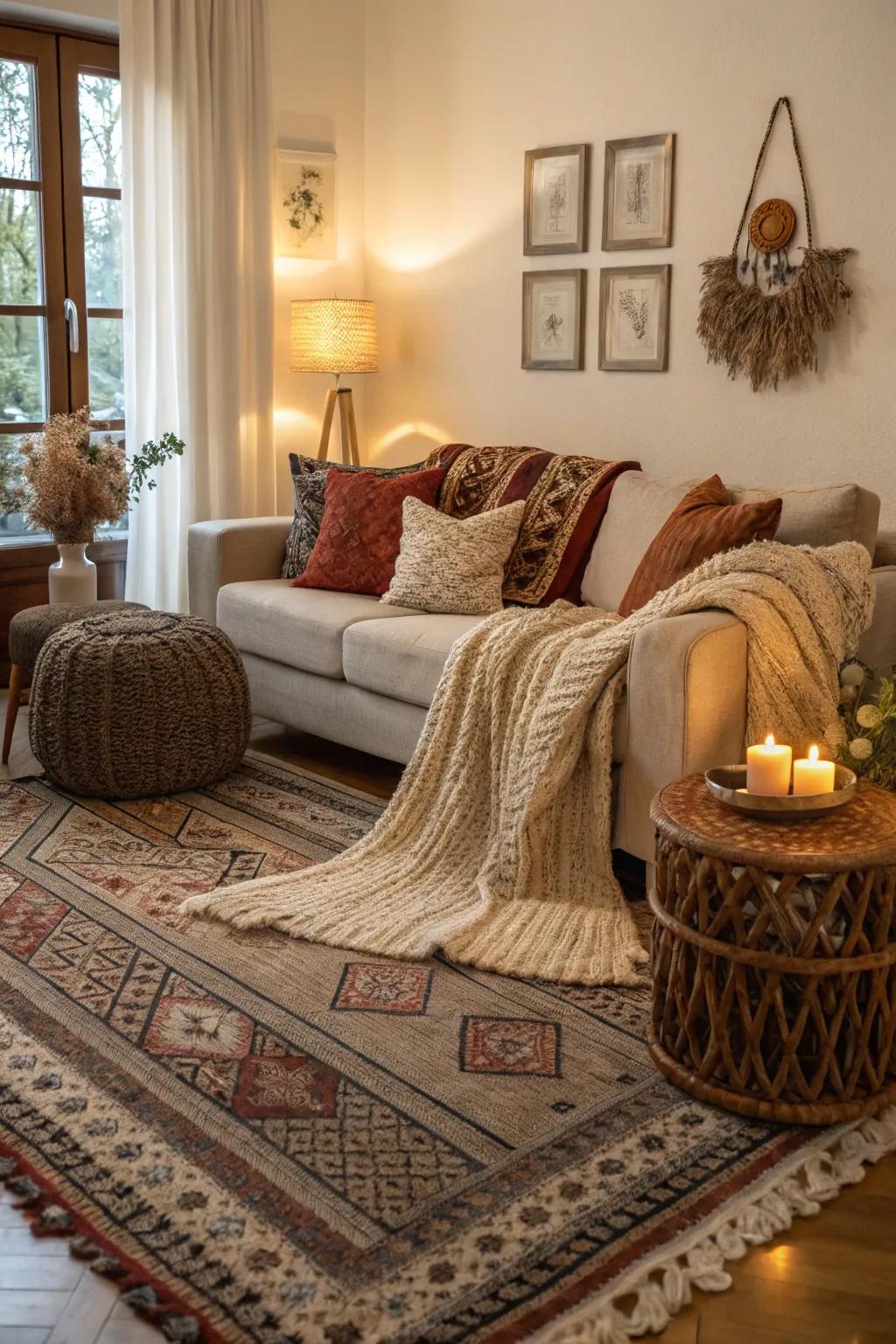Textured floor coverings and wraps create a layered, welcoming area.