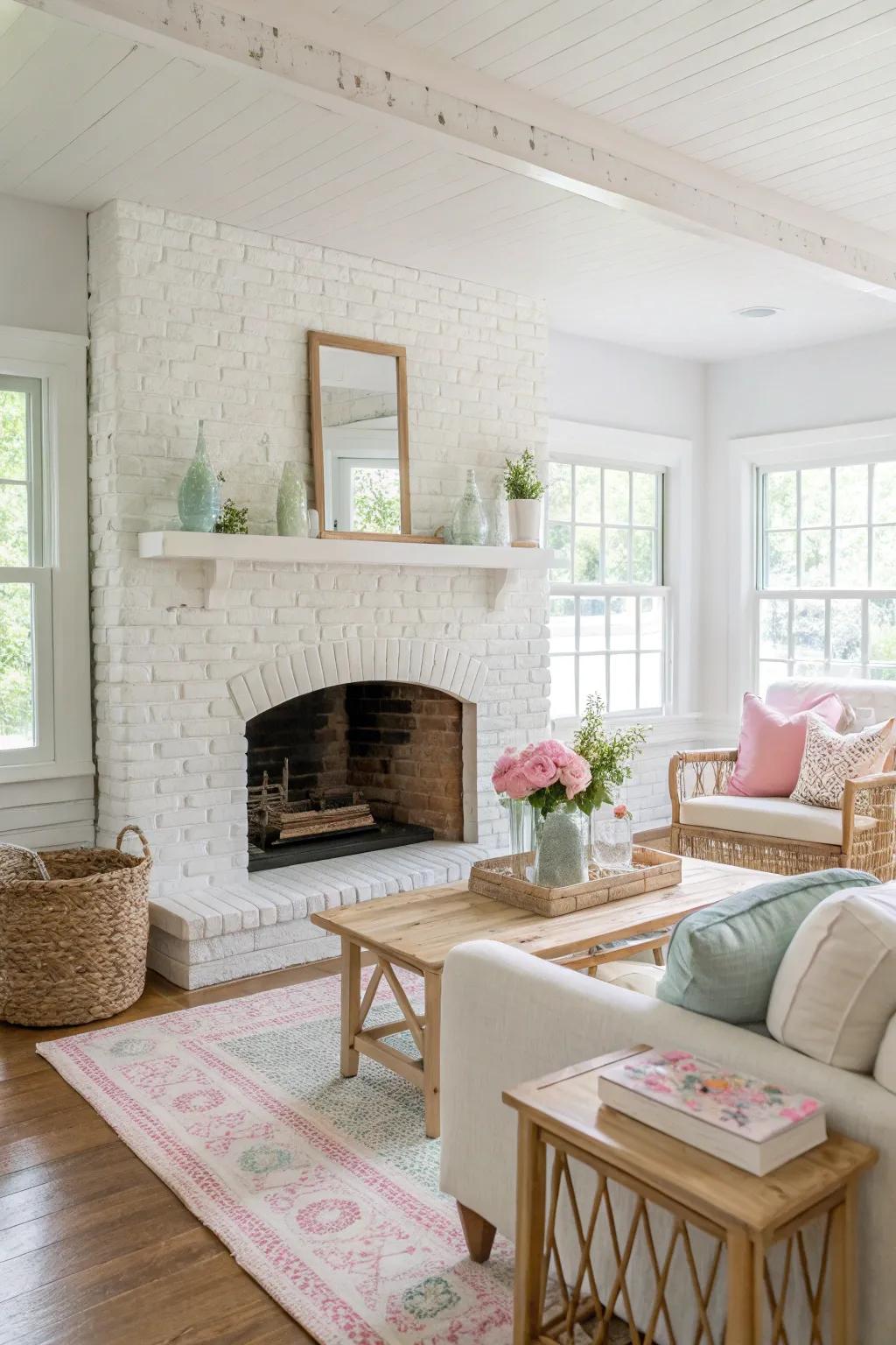 A whitewashed brick fireplace, offering a revitalizing and airy vibe.