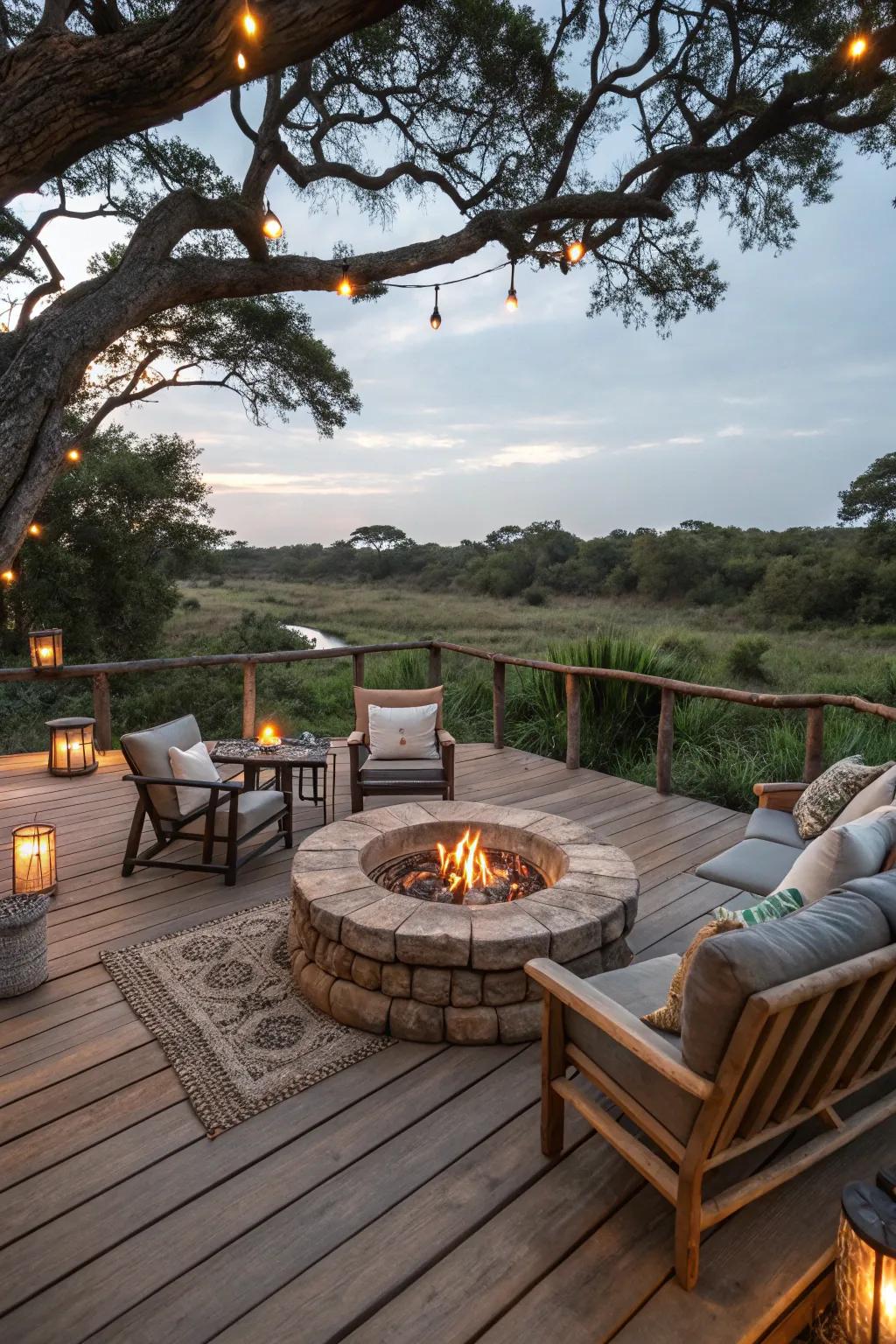 On this countryside patio, the blazing hearth establishes a captivating centerpiece.