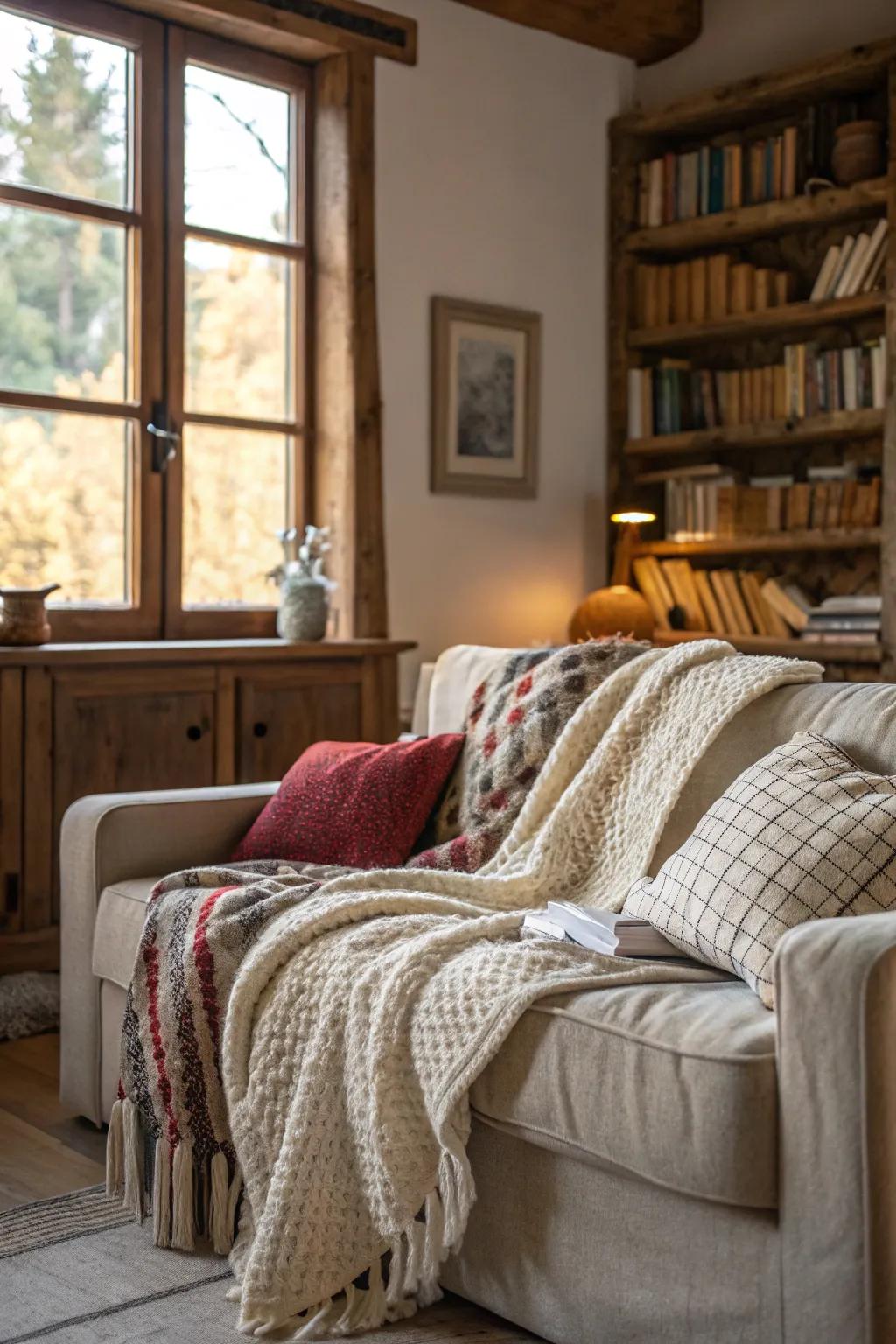 A living area featuring a sofa decorated with layered woven fabrics.