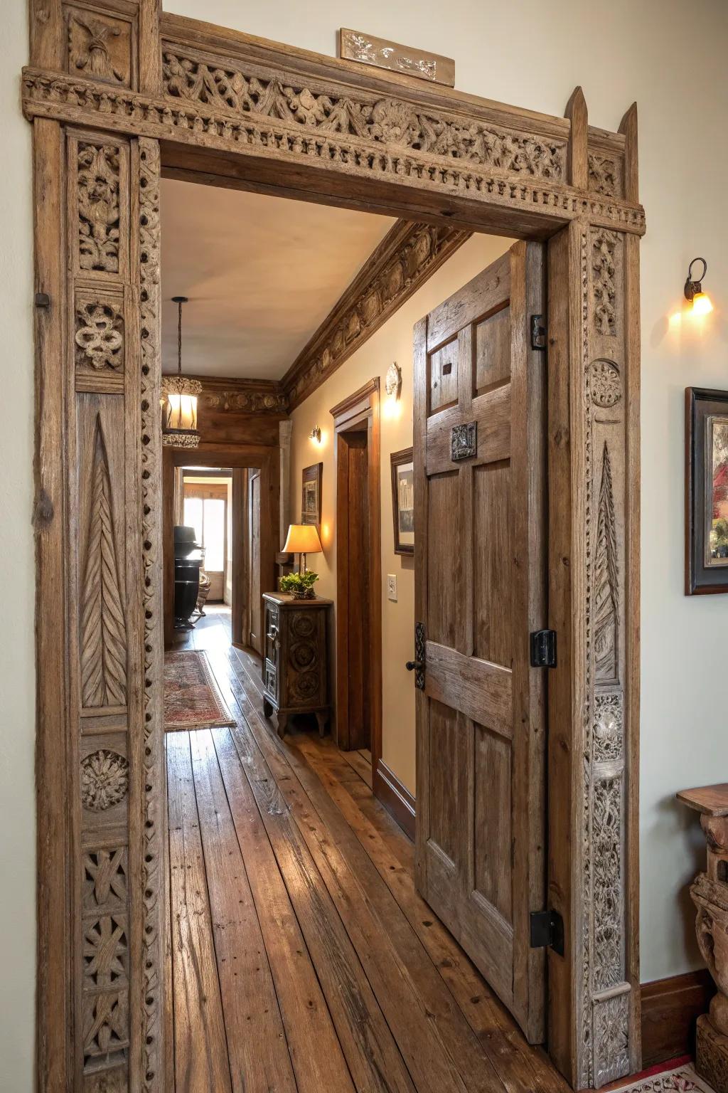 A country-style doorway casing fashioned from salvaged timber, radiating vintage charisma.