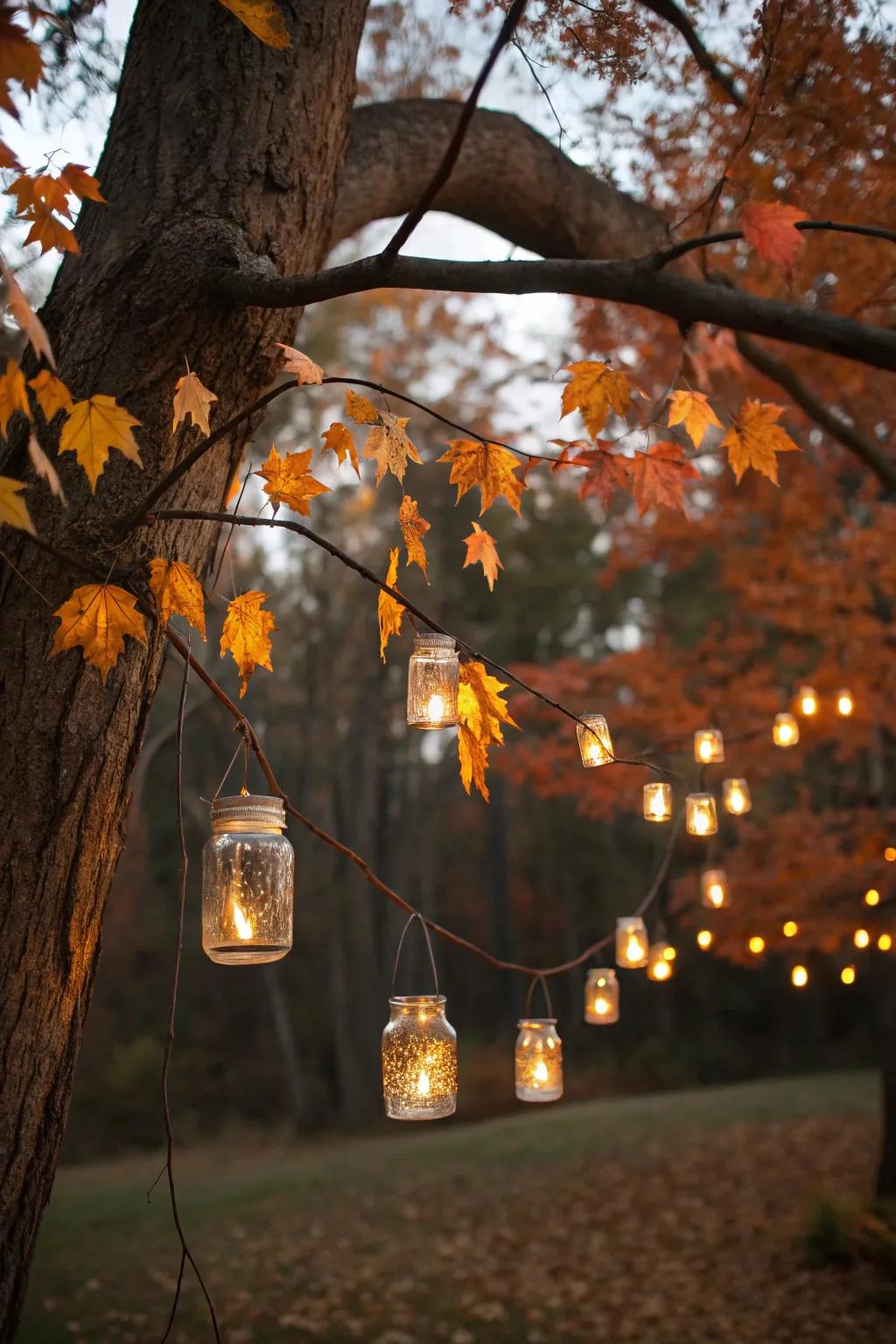 Glimmering preserving jar lights contribute a touch of marvel to countryside weddings.