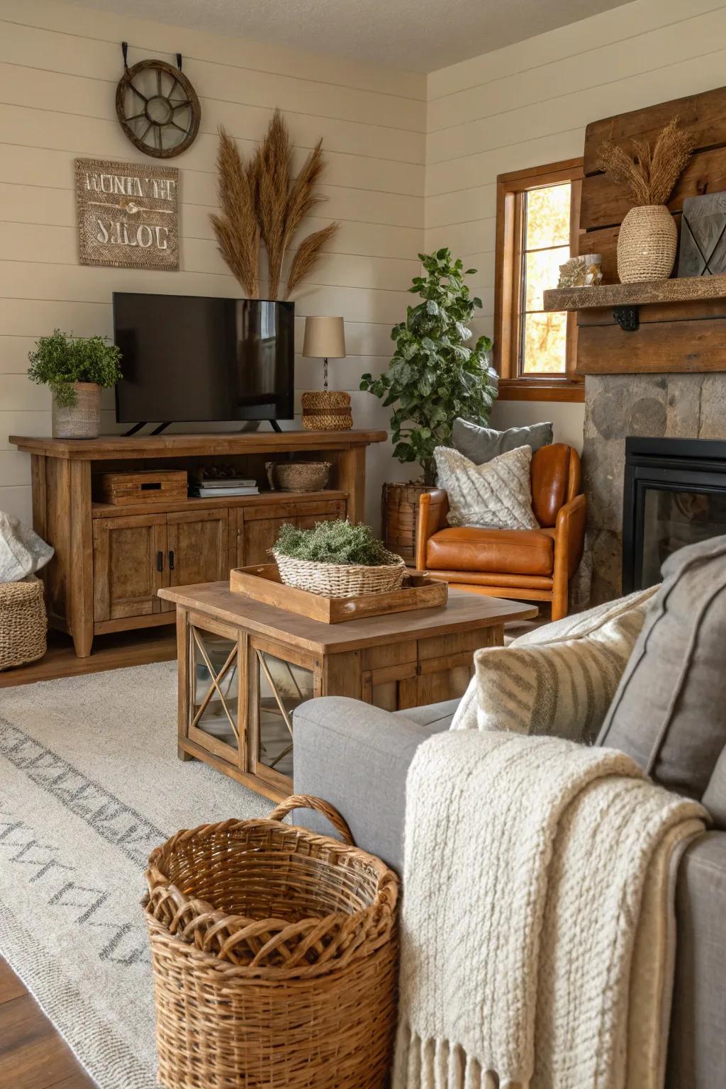 A family room featuring a soothing, natural color scheme of browns, lotions, and grays.