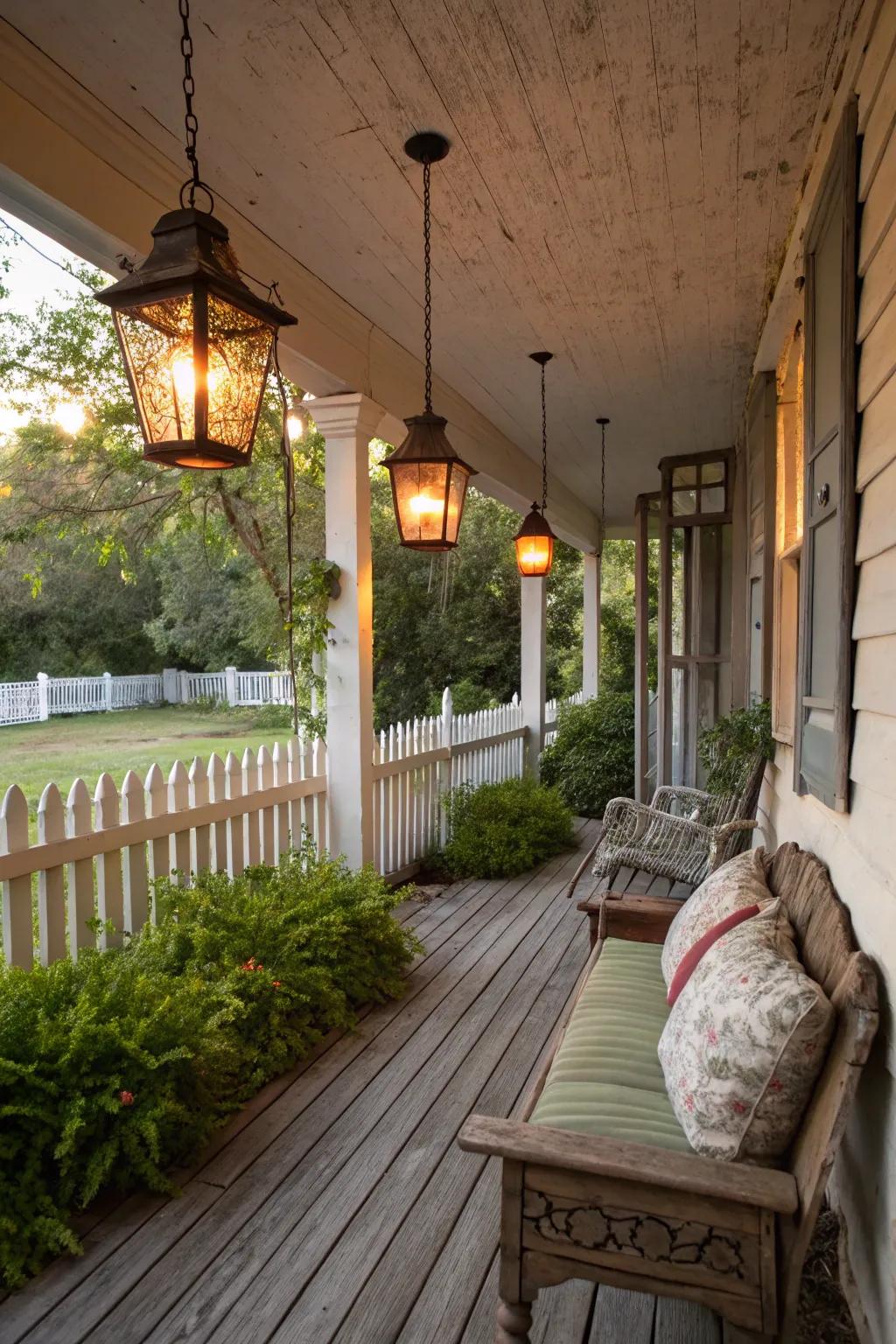 Inviting illumination units create a captivating ambiance on a farmhouse porch.