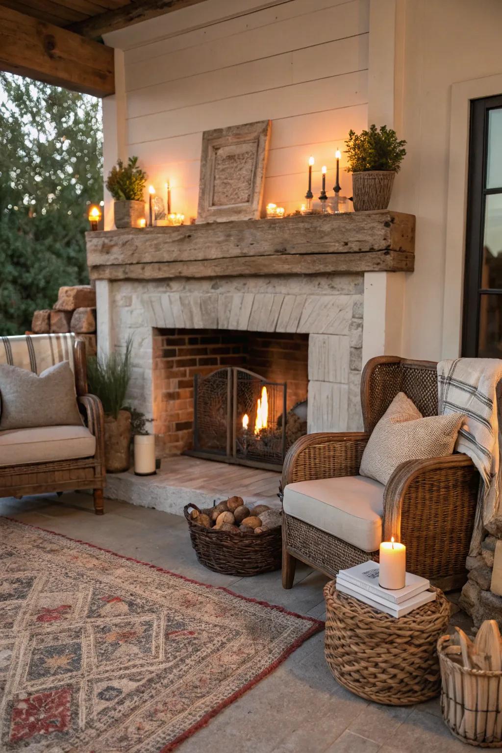 An upcycled timber mantel includes charisma and antiquity to this countryside fireplace.
