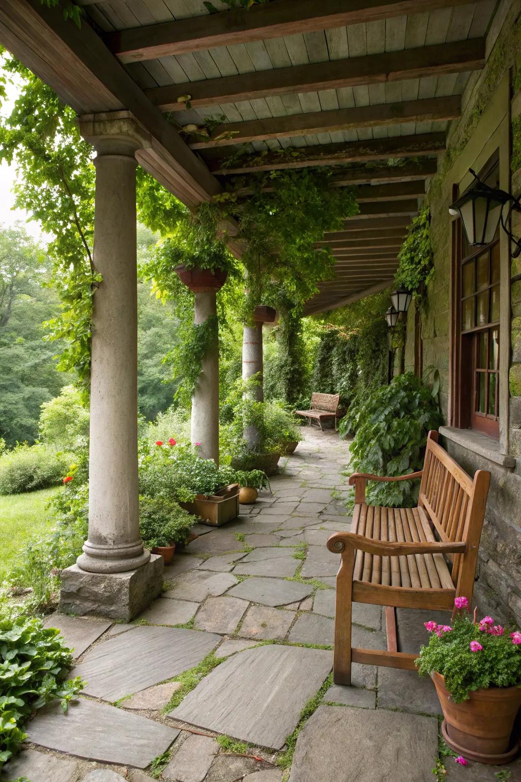 Stone pathways and pillars give an organic touch to a rustic porch.