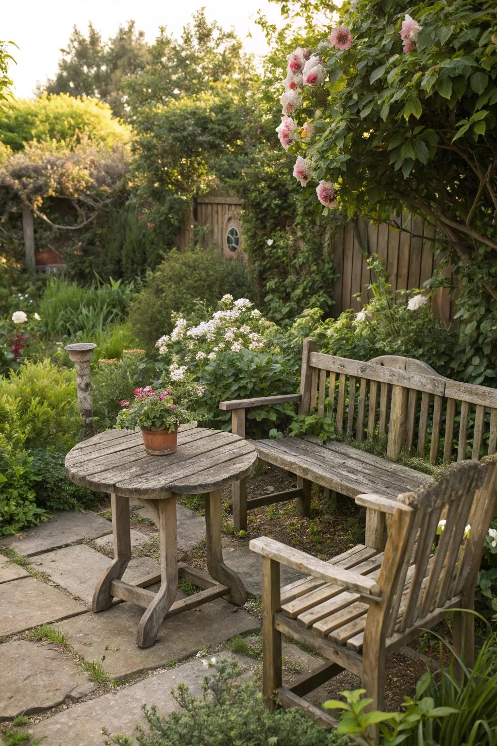 A setting of wood furniture crafts a cozy corner right in the garden.