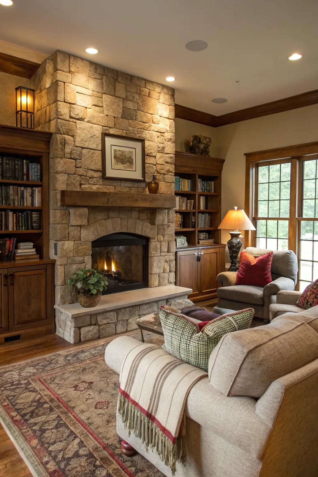 A grand stone hearth establishing a welcoming ambiance.