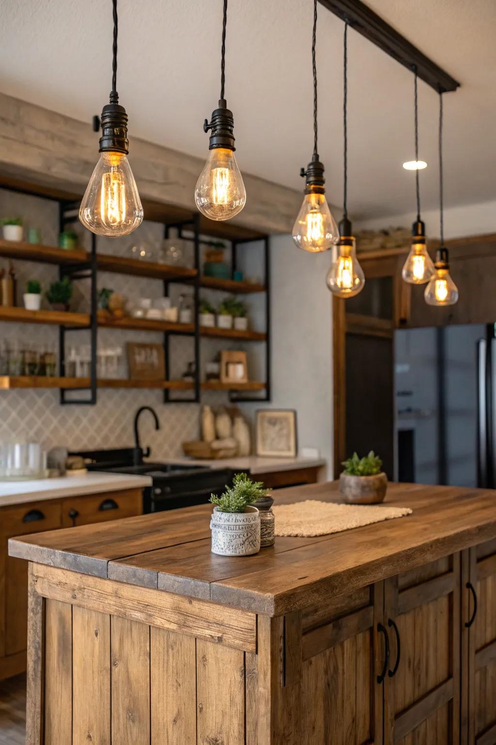 Incandescent bulb drops engender a toasty and embracing cooking area ambiance.