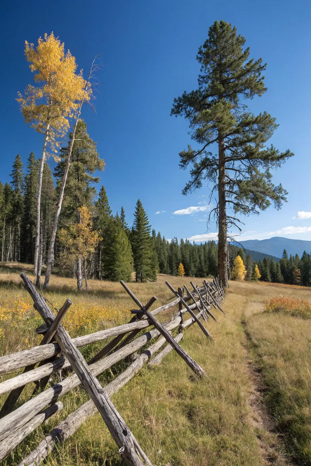 An interwoven log fence introduces an element of detailed beauty to a natural landscape.