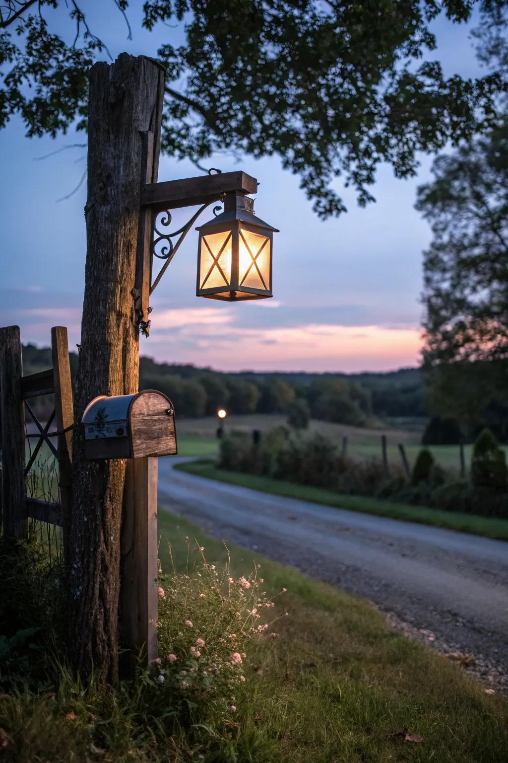 A vintage-style lantern casts a comforting glow on this rustic mailbox support.