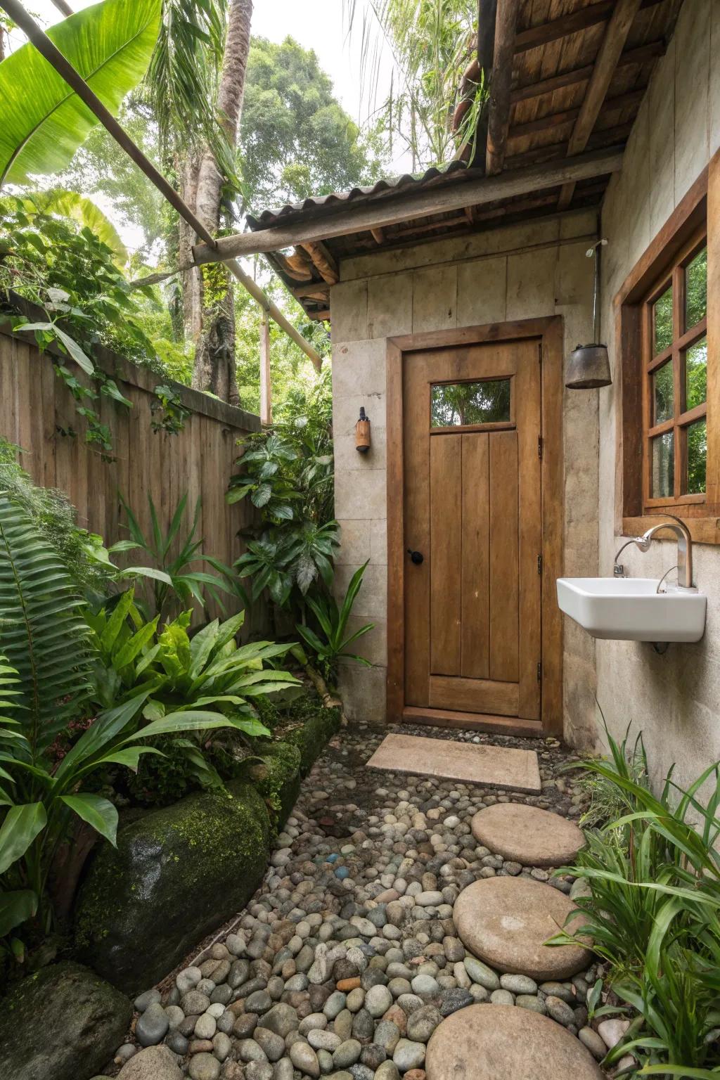 Stone and pebble ground covering imbue a natural element to this rustic bathing area.