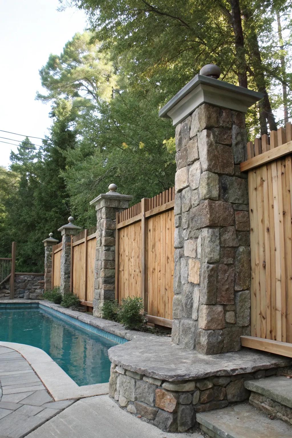 A seamless integration of stonework and timber forms a countryside pool fence.