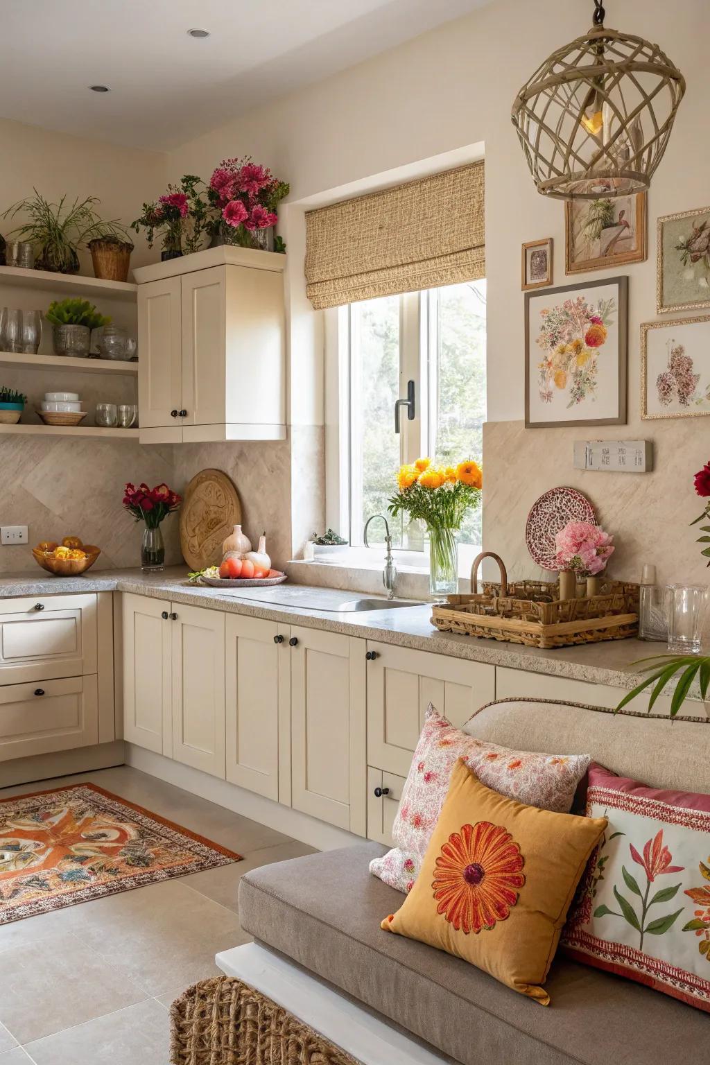A balanced kitchen exhibiting a neutral color palette and striking highlights.