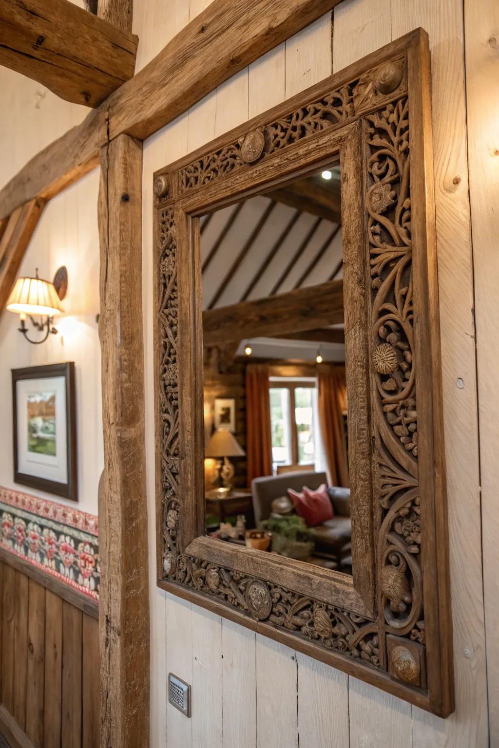 A time-worn framed looking glass incorporates refinement and dimension to a country-inspired wall arrangement.