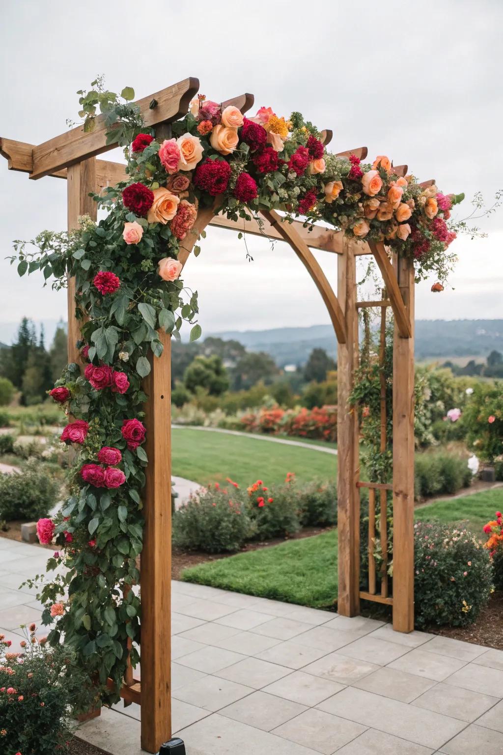A botanical-inspired arch overflowing with vibrant color and vitality.