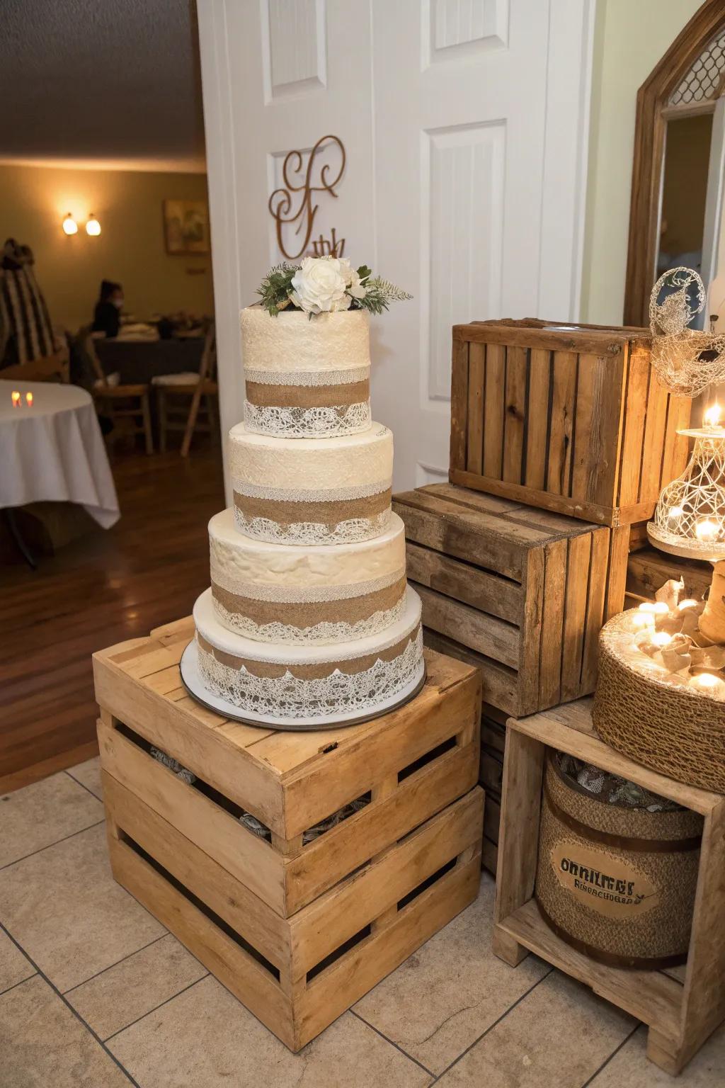 Arranged wooden boxes for a charming cake presentation.