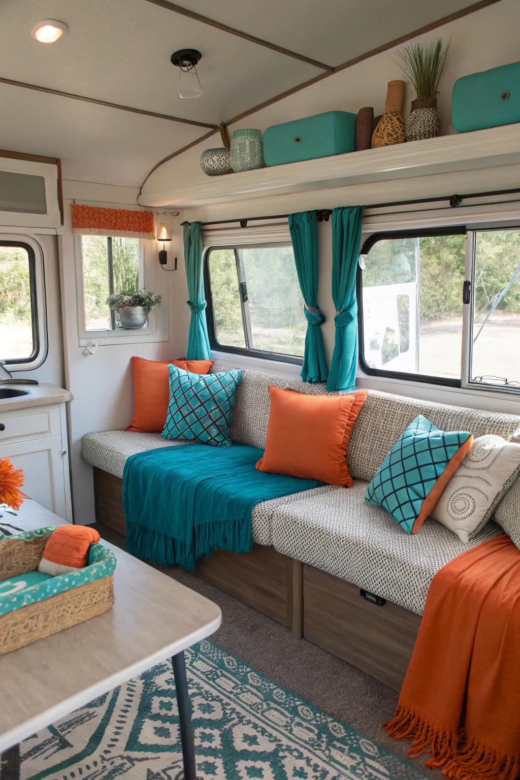 Vibrant blue-green and tangerine highlights breathe life into this RV living space.