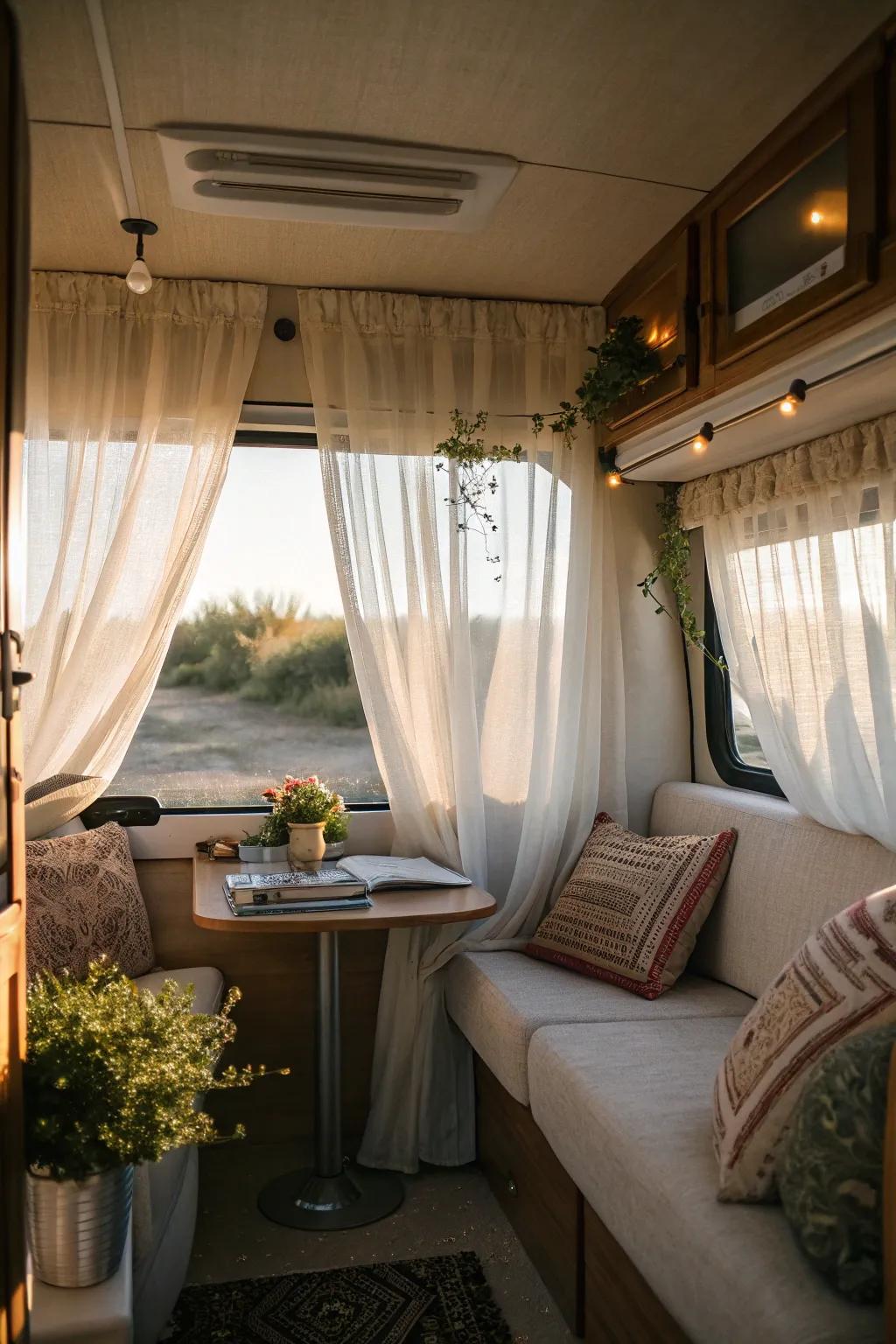 Fill your RV with gentle light using diaphanous window coverings.