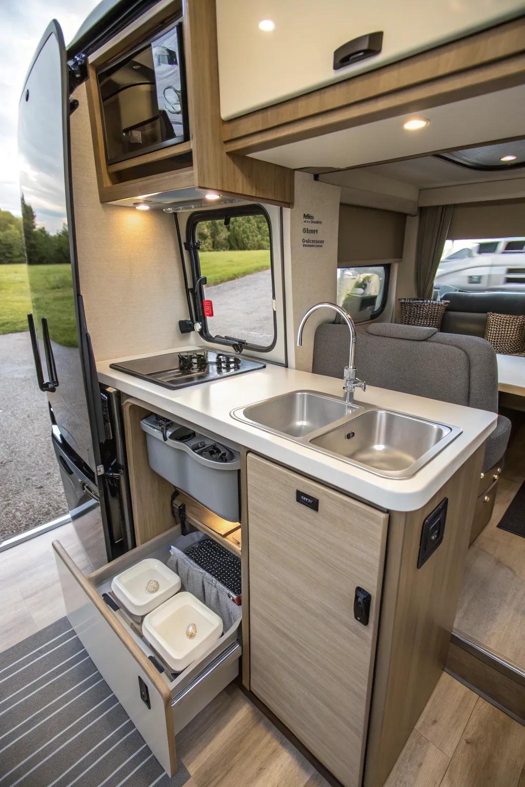 A space-conscious RV kitchen featuring a foldable sink.
