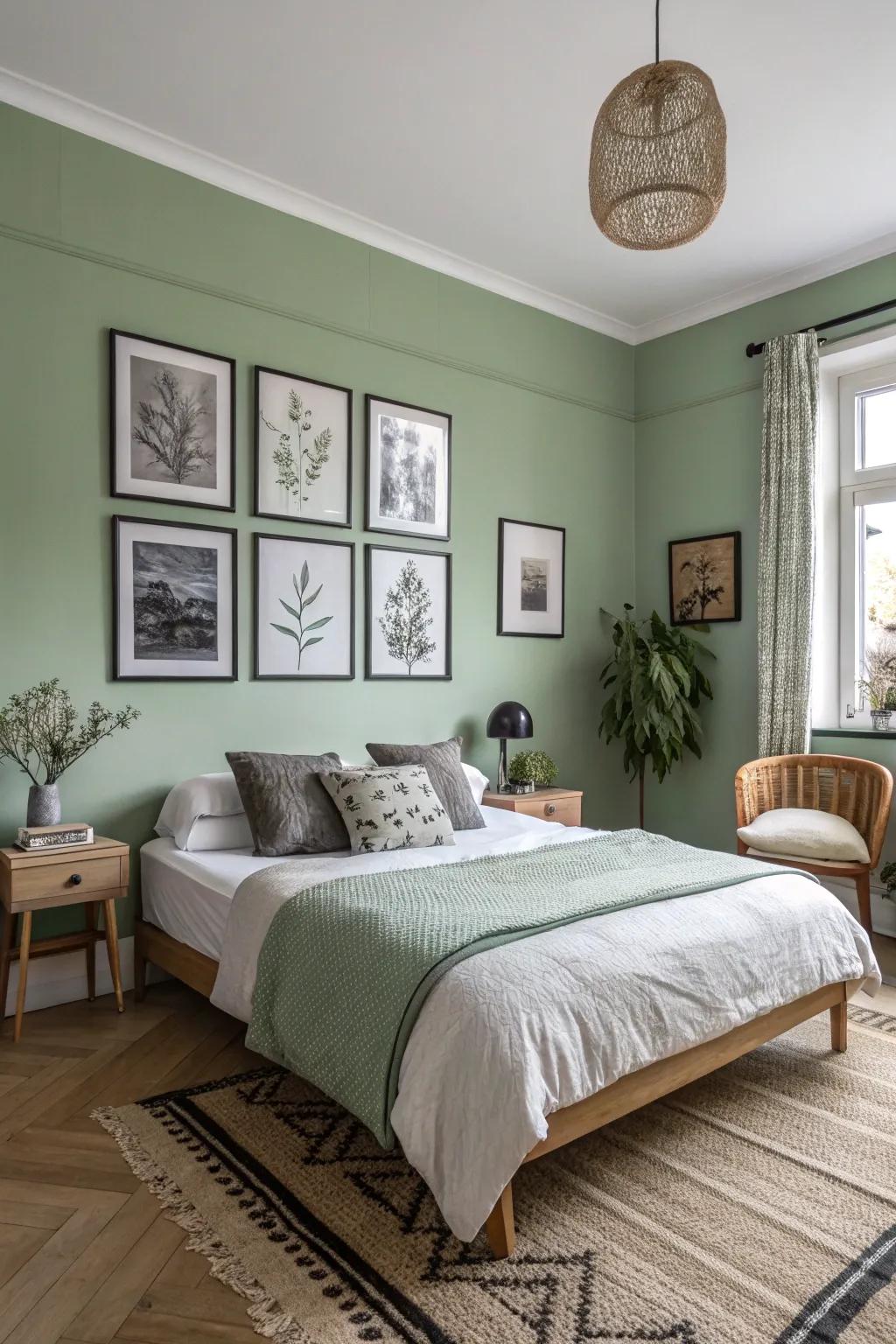 Black and white art enriches depth and a hint of elegance to walls painted sage green.