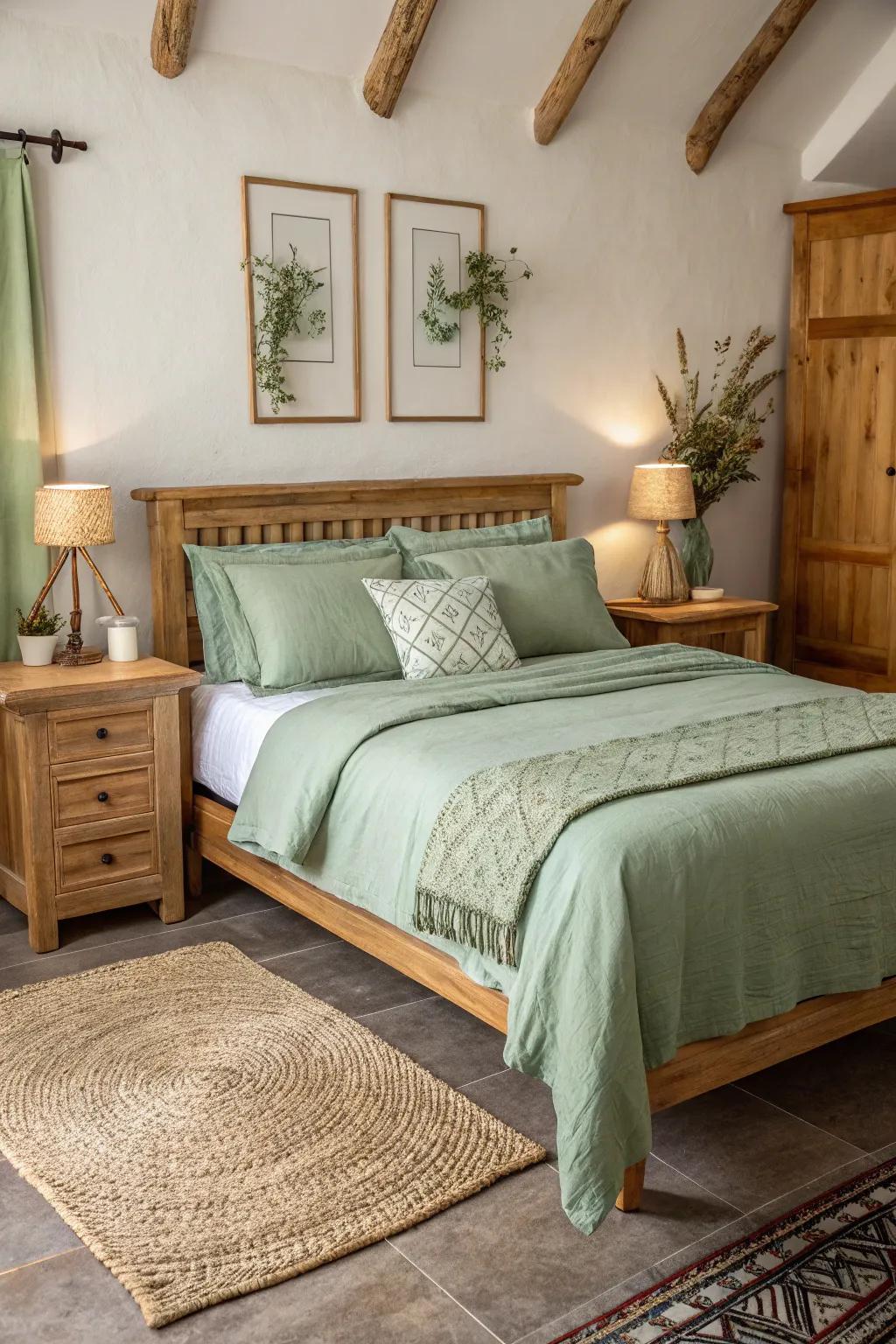 Amplify the inherent warmth of your bedroom through the balanced integration of gentle green and natural wood elements.