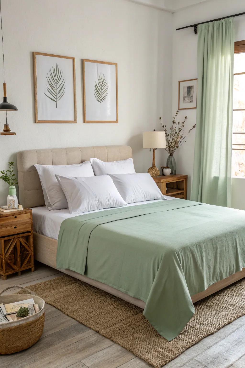Sage green bedding introduces a natural, peaceful vibe to any bedroom.