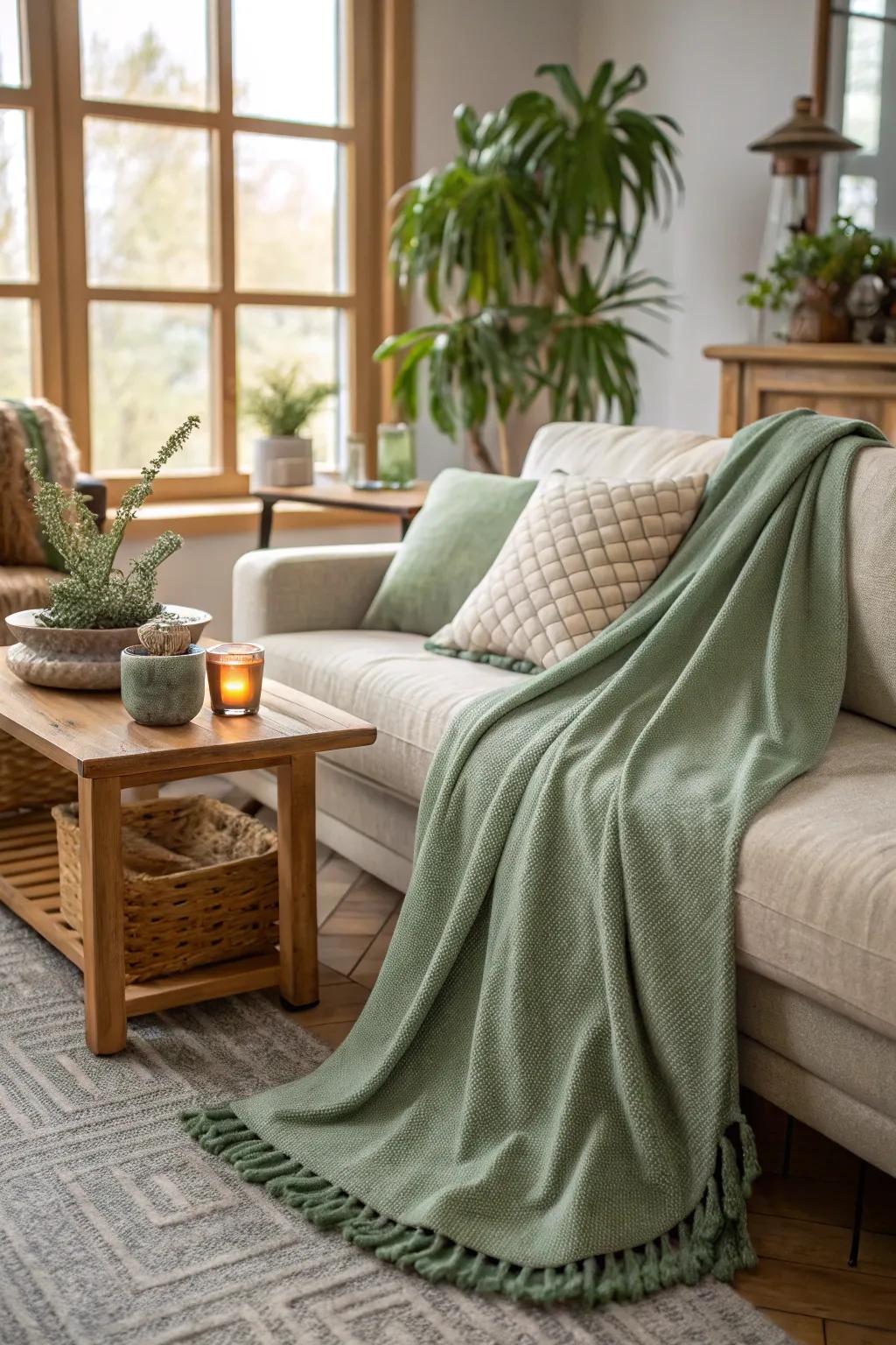 A comforting sage green throw introduces warmth and elegance.