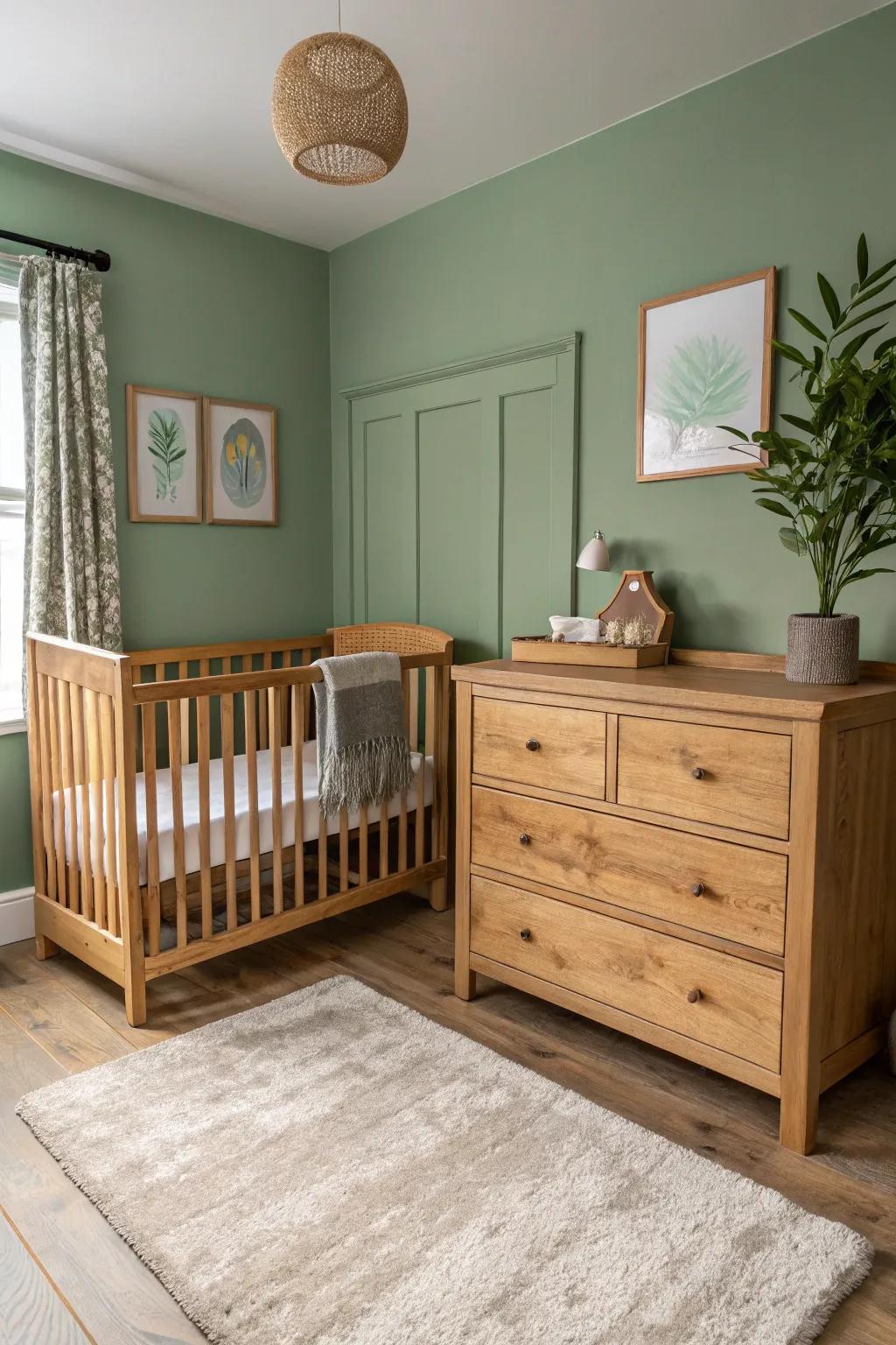 Natural wood furniture is a fantastic match with verdant mist walls.