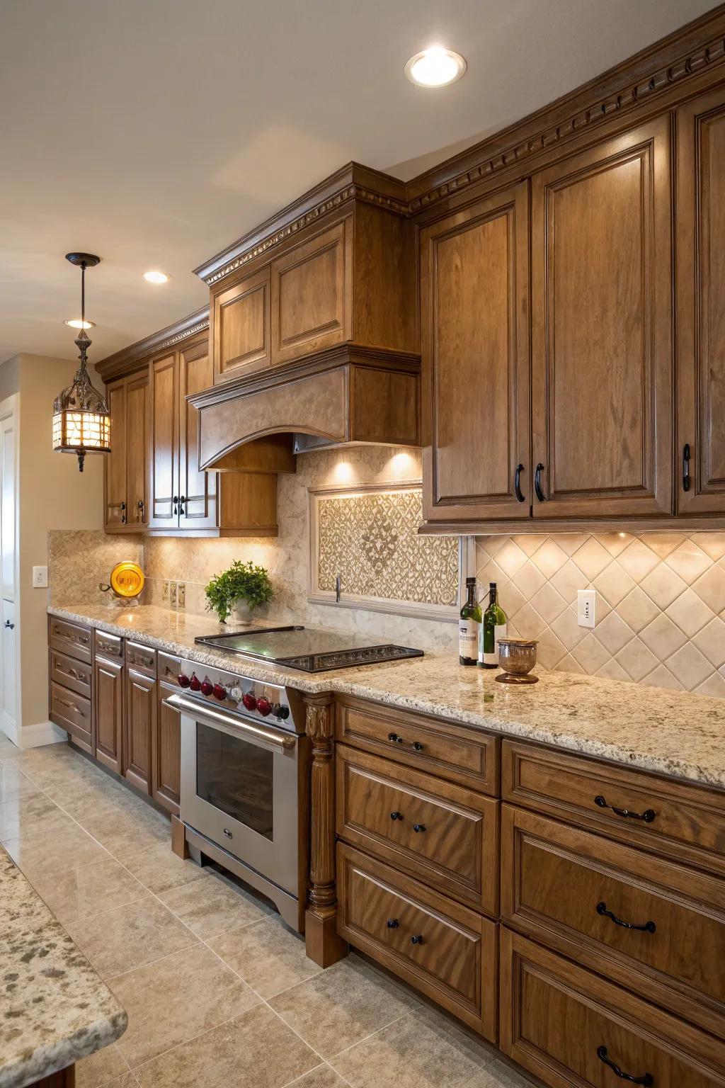 Beige tiles beautifully enhance the gold tones present in Golden Cascade granite.